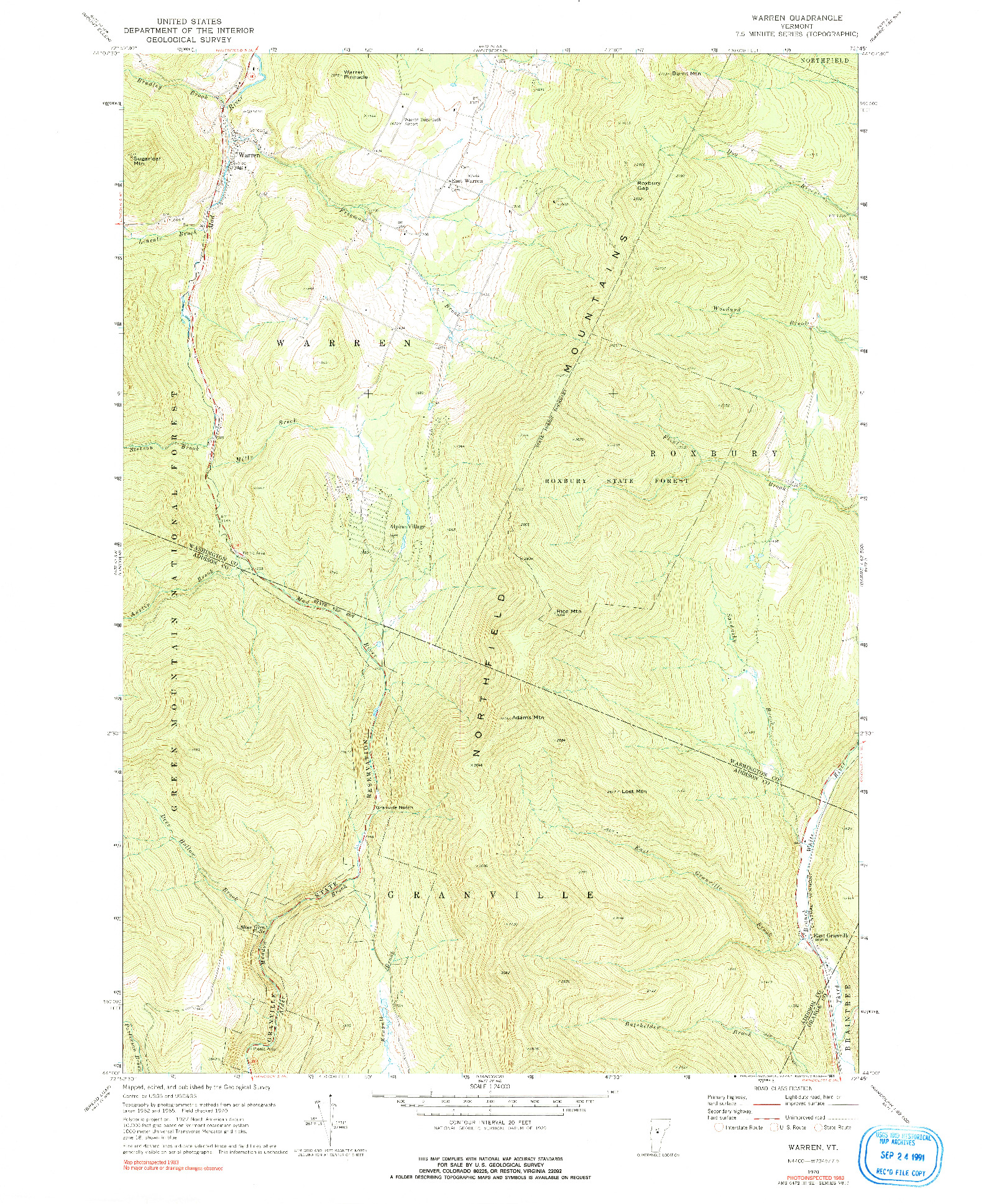 USGS 1:24000-SCALE QUADRANGLE FOR WARREN, VT 1970