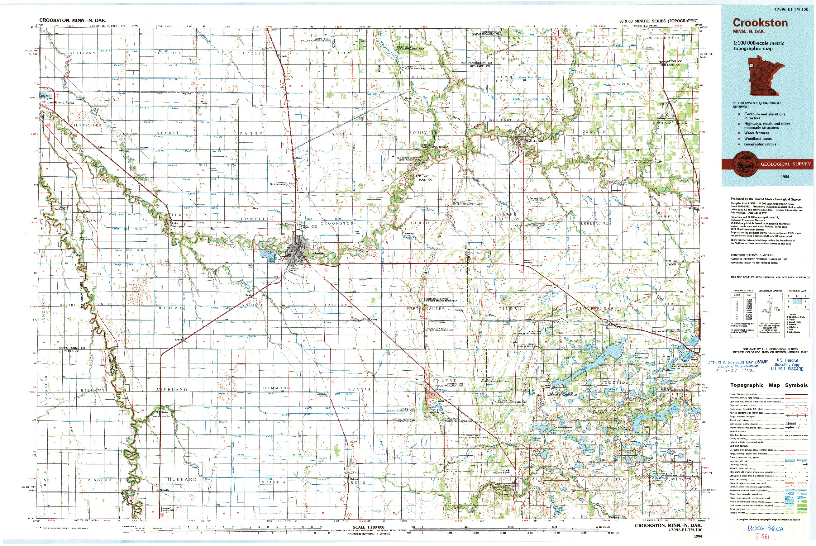 USGS 1:100000-SCALE QUADRANGLE FOR CROOKSTON, MN 1984