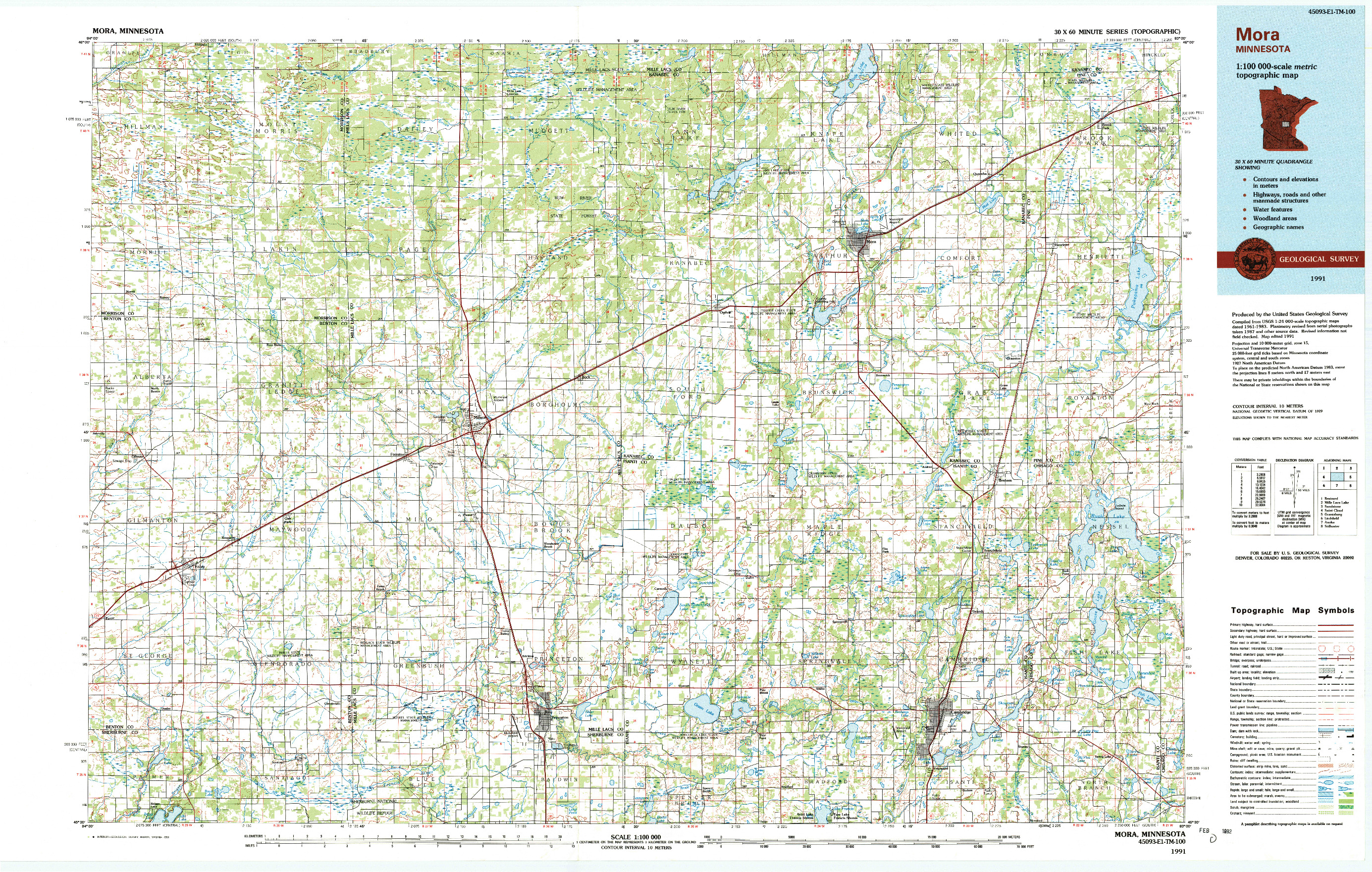 USGS 1:100000-SCALE QUADRANGLE FOR MORA, MN 1991