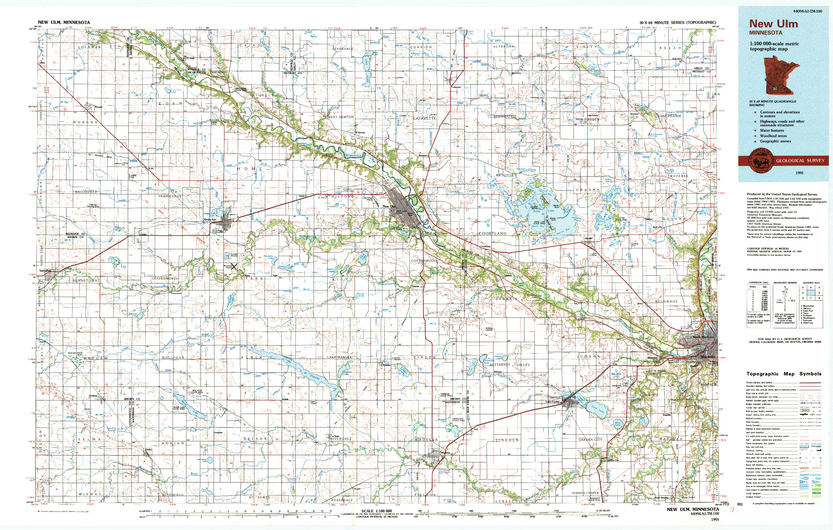 USGS 1:100000-SCALE QUADRANGLE FOR NEW ULM, MN 1991