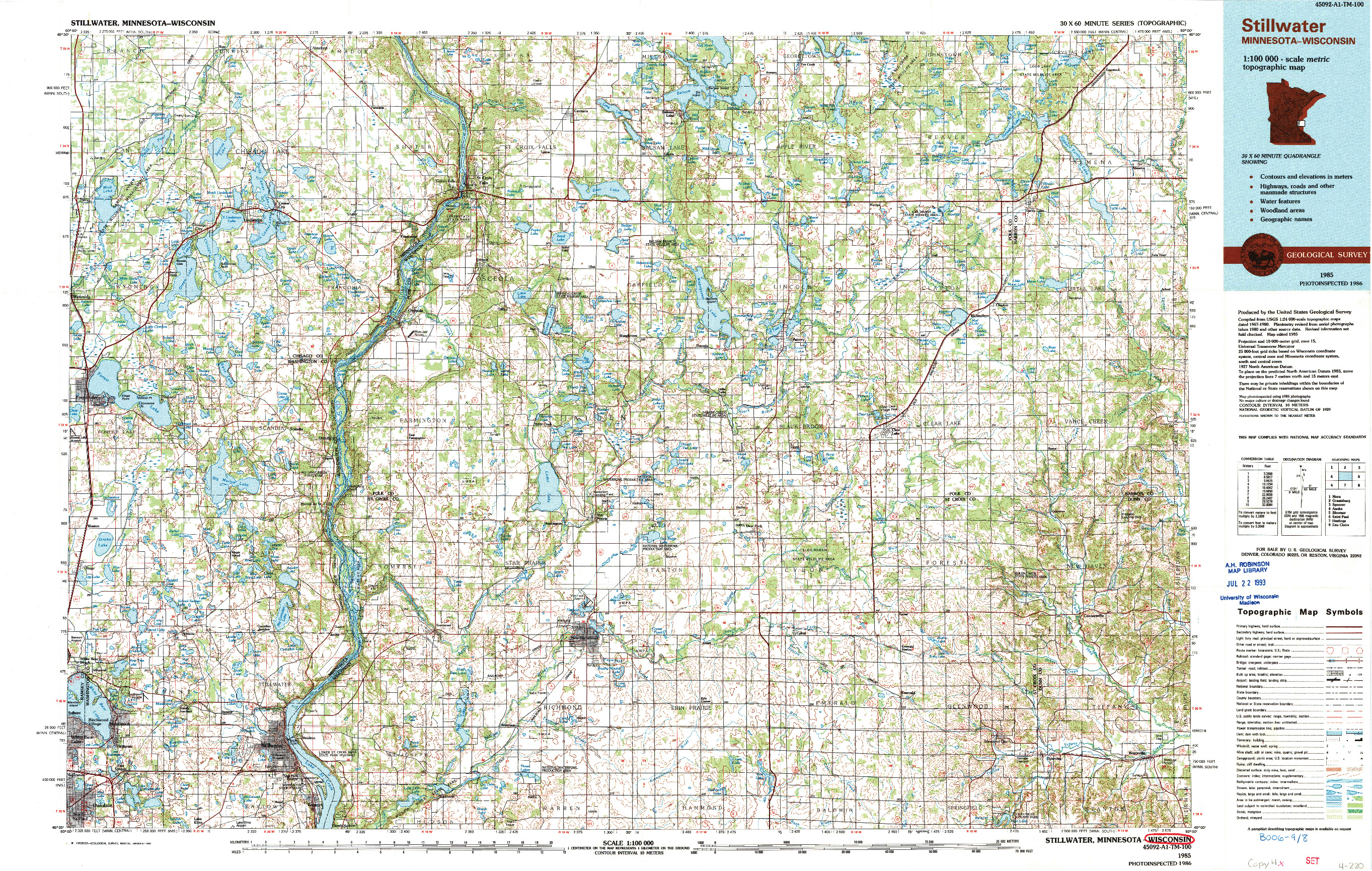 USGS 1:100000-SCALE QUADRANGLE FOR STILLWATER, MN 1985