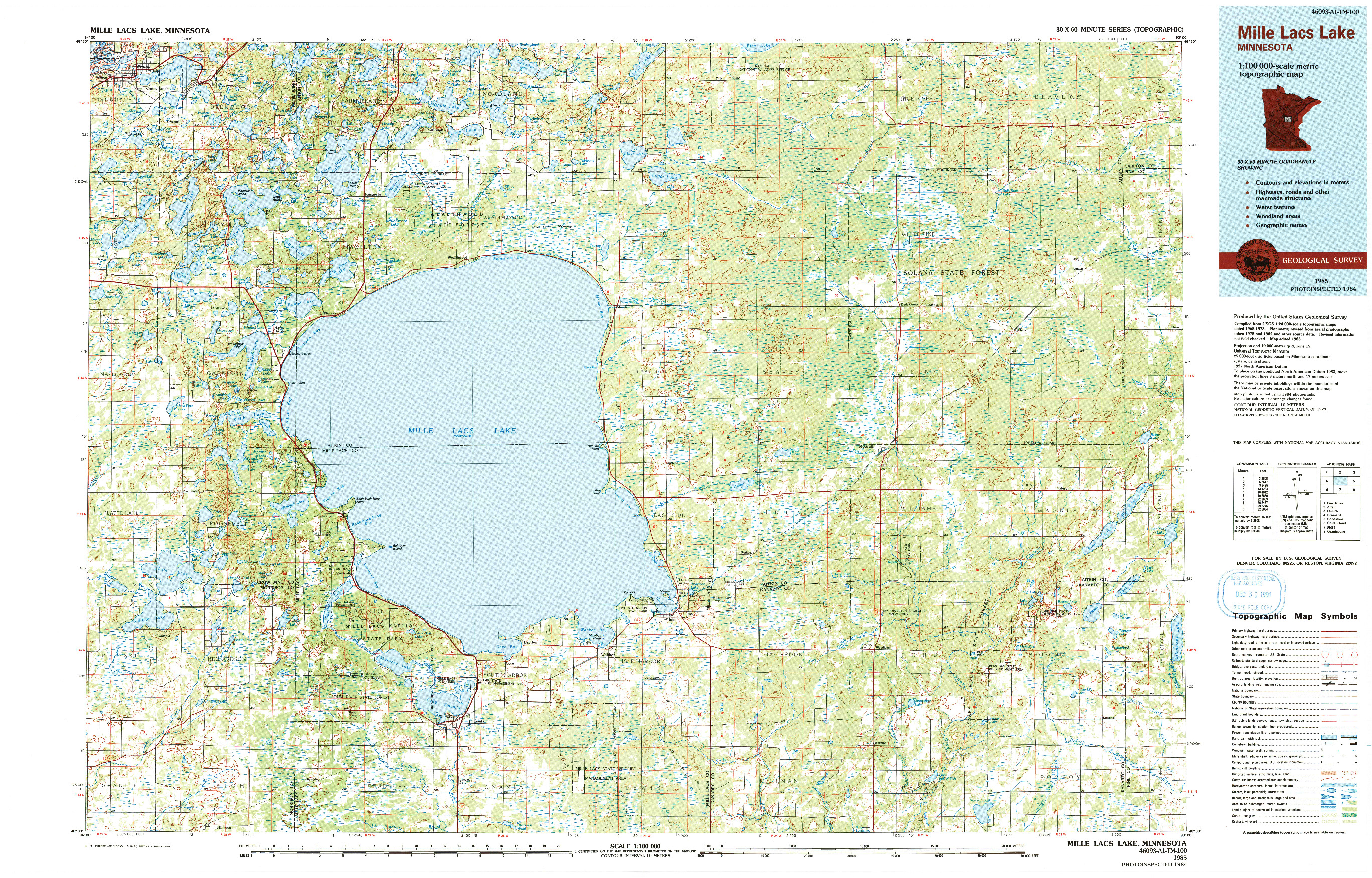 USGS 1:100000-SCALE QUADRANGLE FOR MILLE LACS LAKE, MN 1985