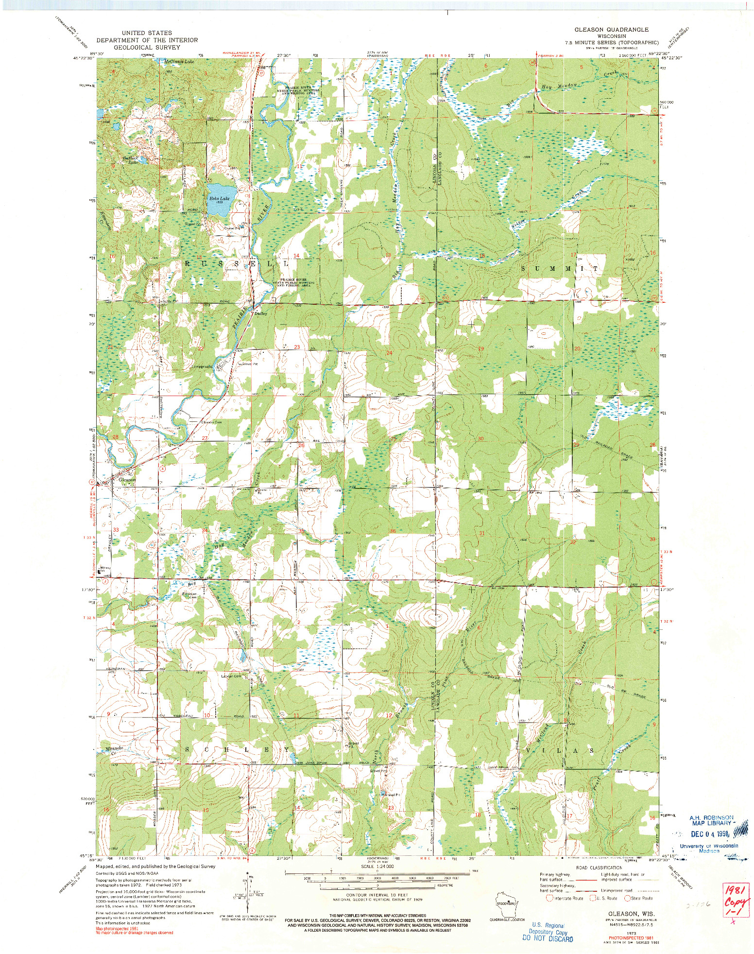 USGS 1:24000-SCALE QUADRANGLE FOR GLEASON, WI 1973