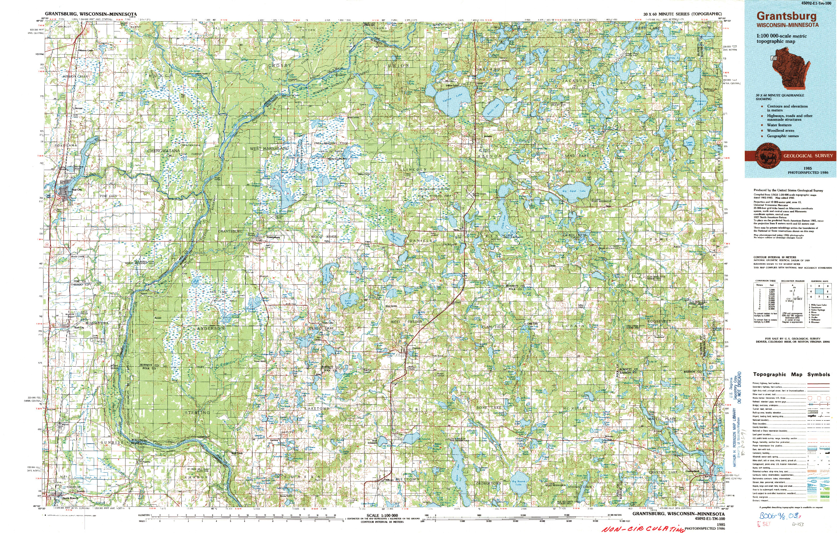 USGS 1:100000-SCALE QUADRANGLE FOR GRANTSBURG, WI 1985