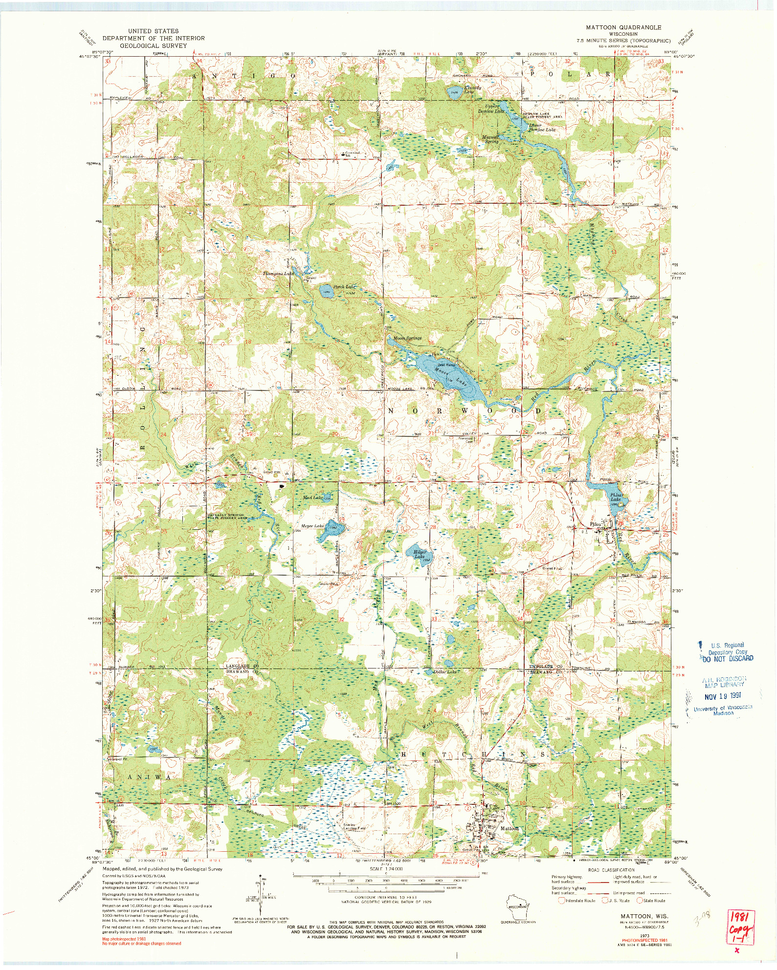 USGS 1:24000-SCALE QUADRANGLE FOR MATTOON, WI 1973