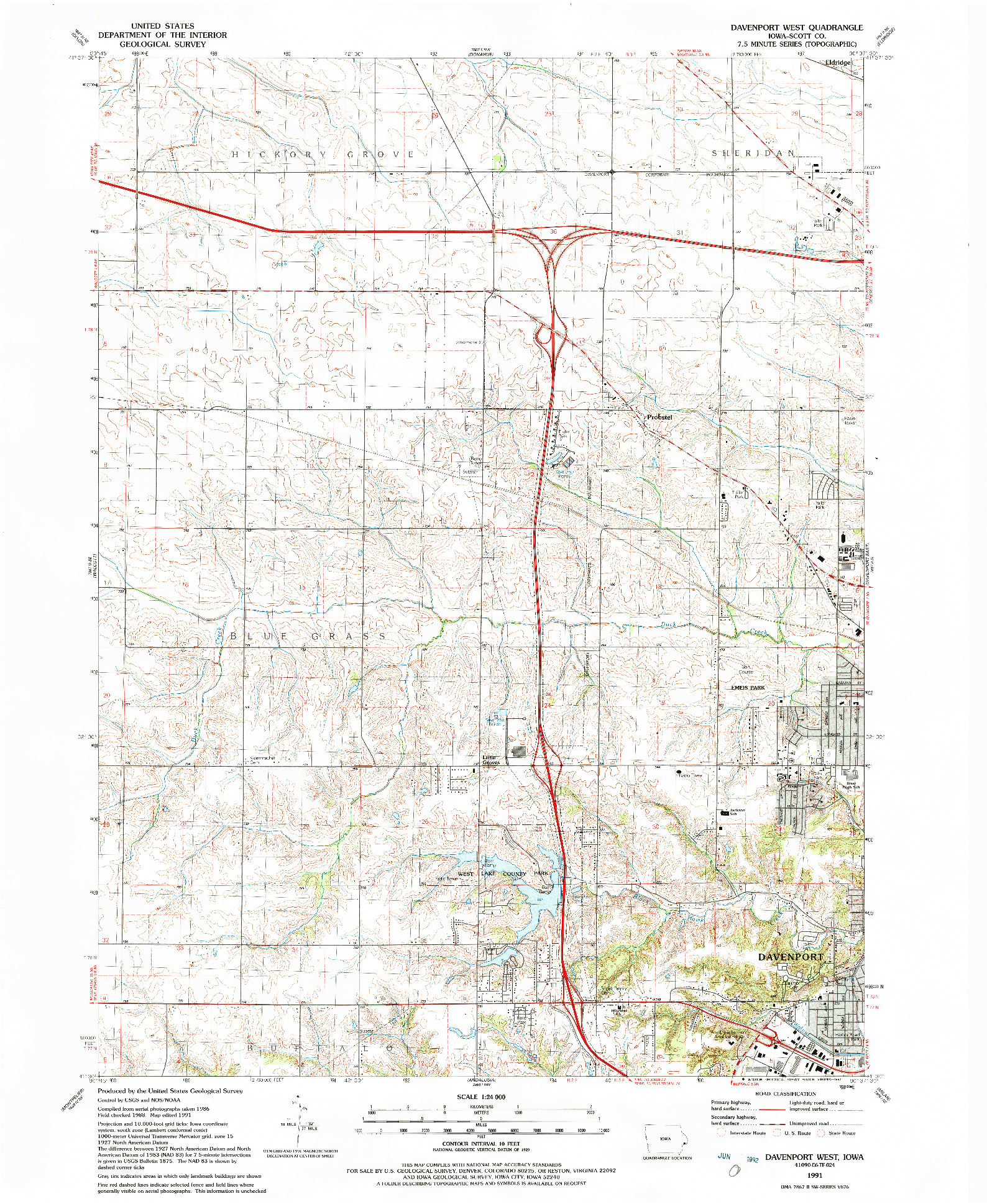 USGS 1:24000-SCALE QUADRANGLE FOR DAVENPORT WEST, IA 1991