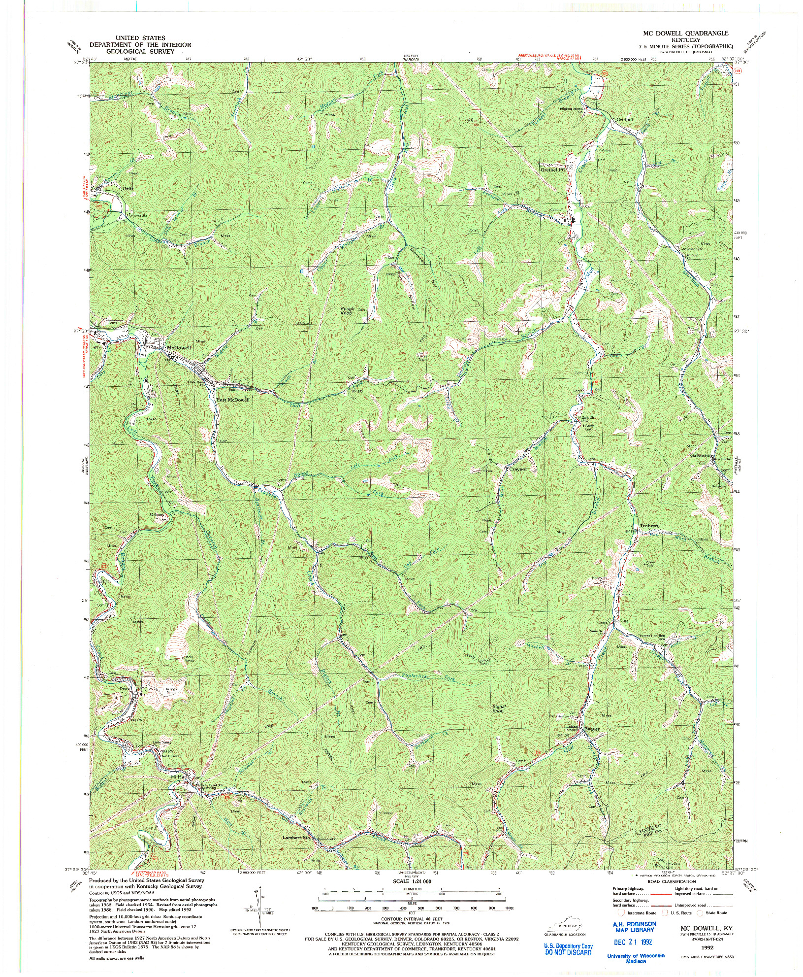 USGS 1:24000-SCALE QUADRANGLE FOR MC DOWELL, KY 1992