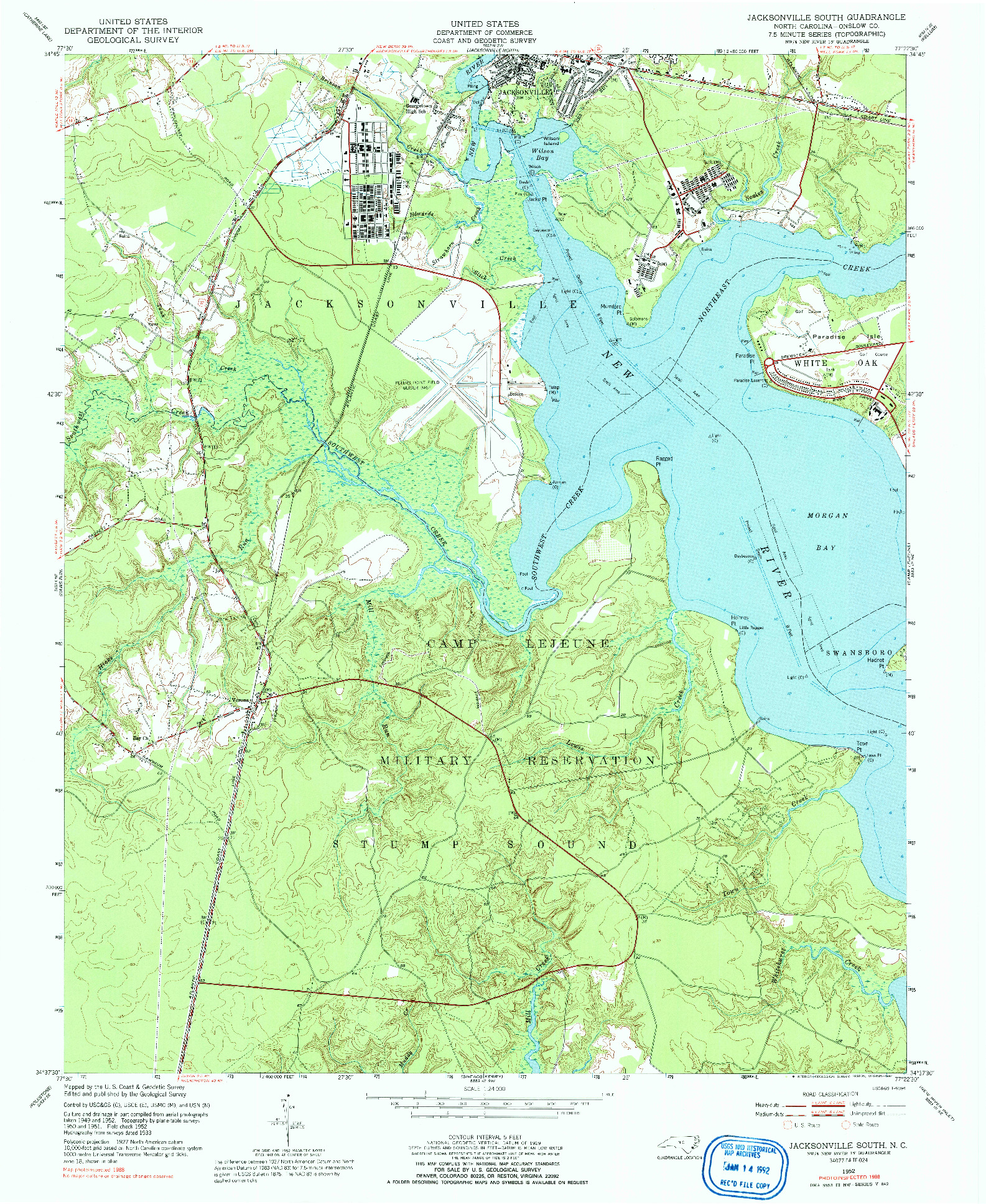 USGS 1:24000-SCALE QUADRANGLE FOR JACKSONVILLE SOUTH, NC 1952