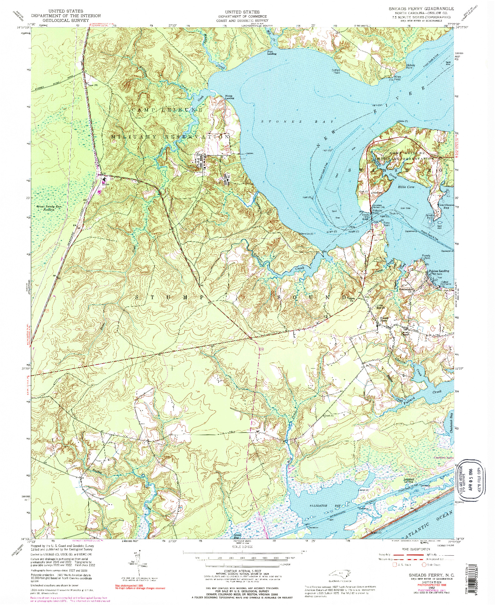 USGS 1:24000-SCALE QUADRANGLE FOR SNEADS FERRY, NC 1952