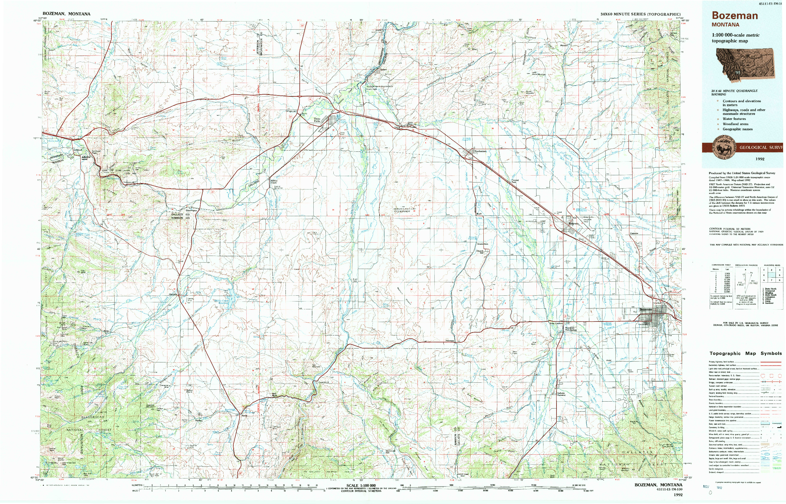 USGS 1:100000-SCALE QUADRANGLE FOR BOZEMAN, MT 1992