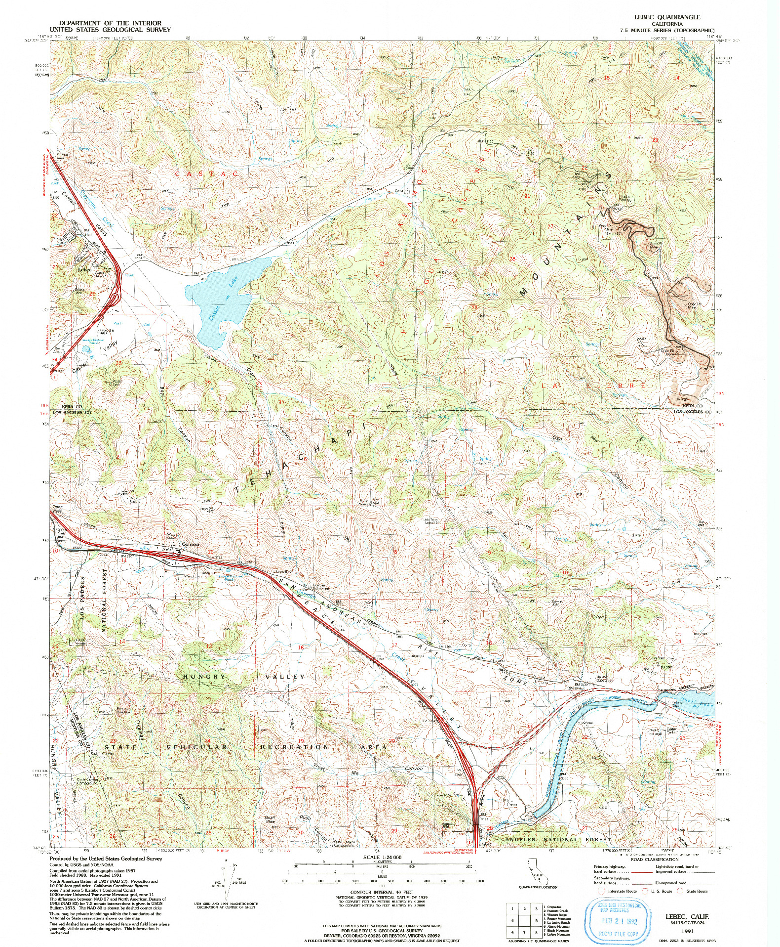 USGS 1:24000-SCALE QUADRANGLE FOR LEBEC, CA 1991