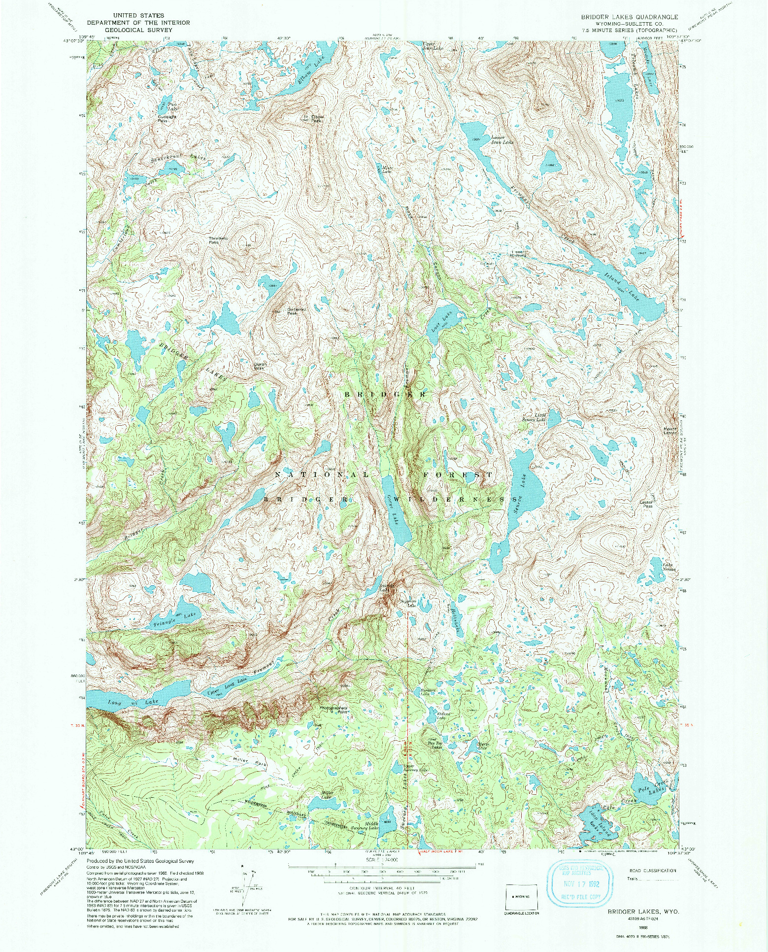 USGS 1:24000-SCALE QUADRANGLE FOR BRIDGER LAKES, WY 1968