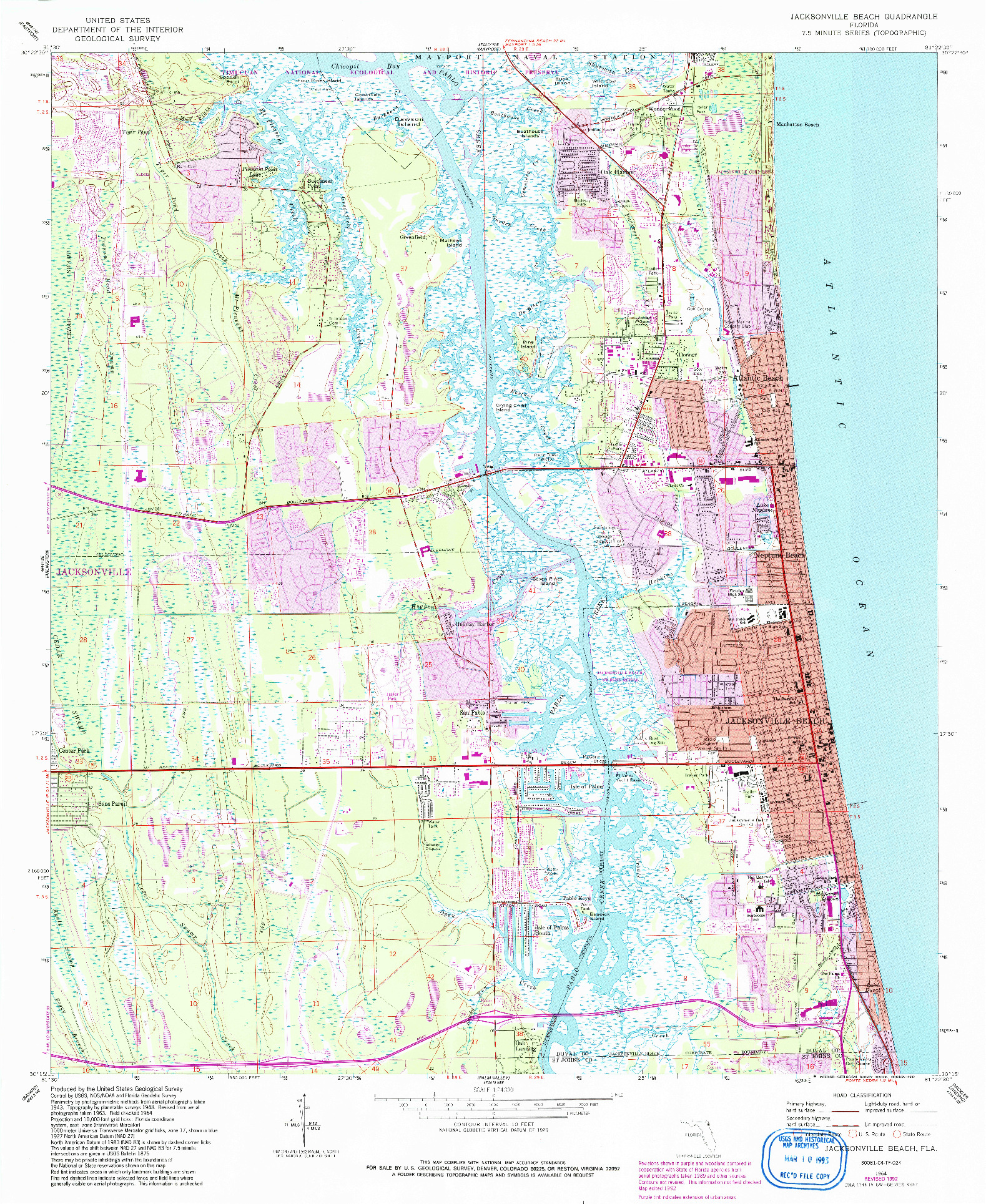 USGS 1:24000-SCALE QUADRANGLE FOR JACKSONVILLE BEACH, FL 1964