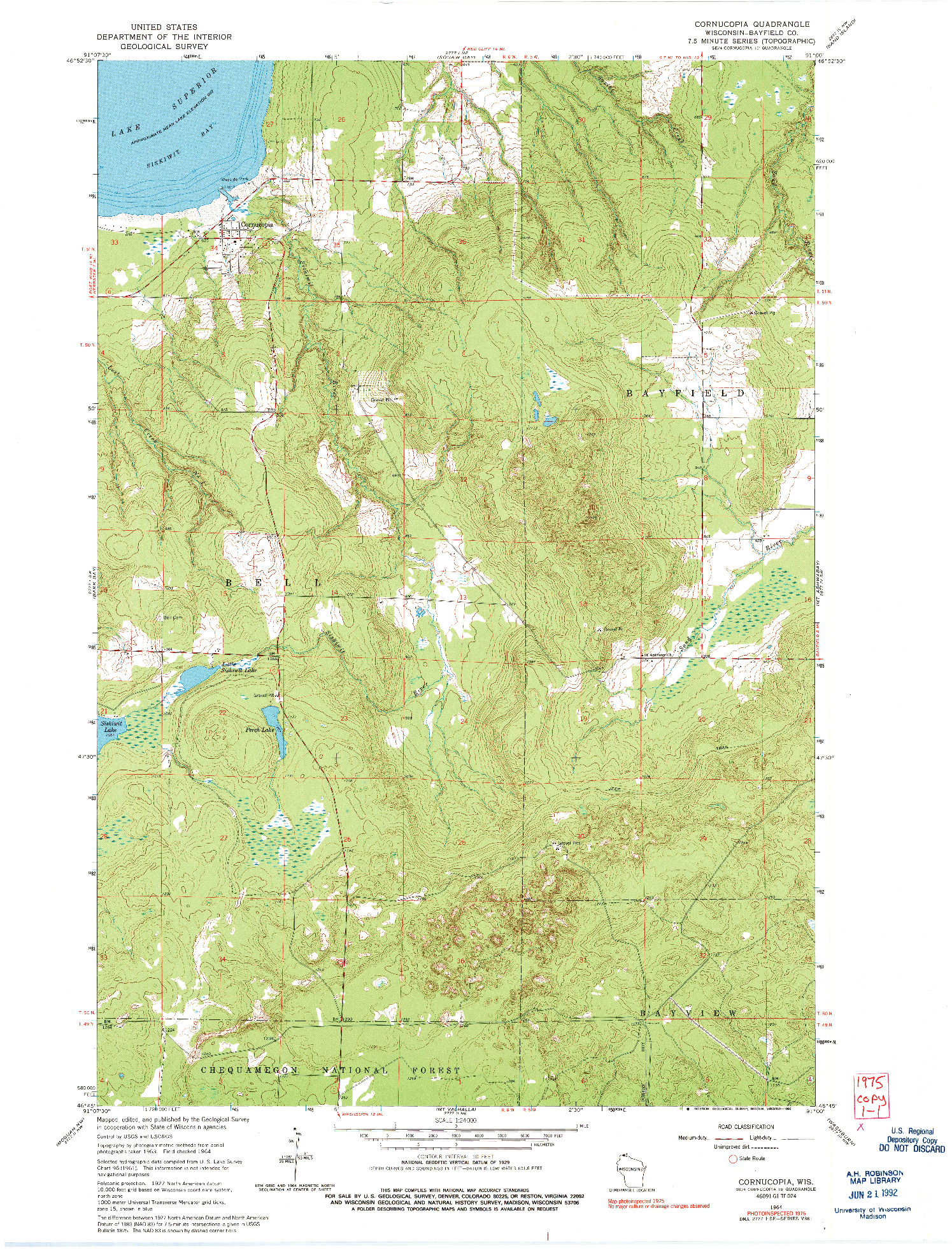 USGS 1:24000-SCALE QUADRANGLE FOR CORNUCOPIA, WI 1964