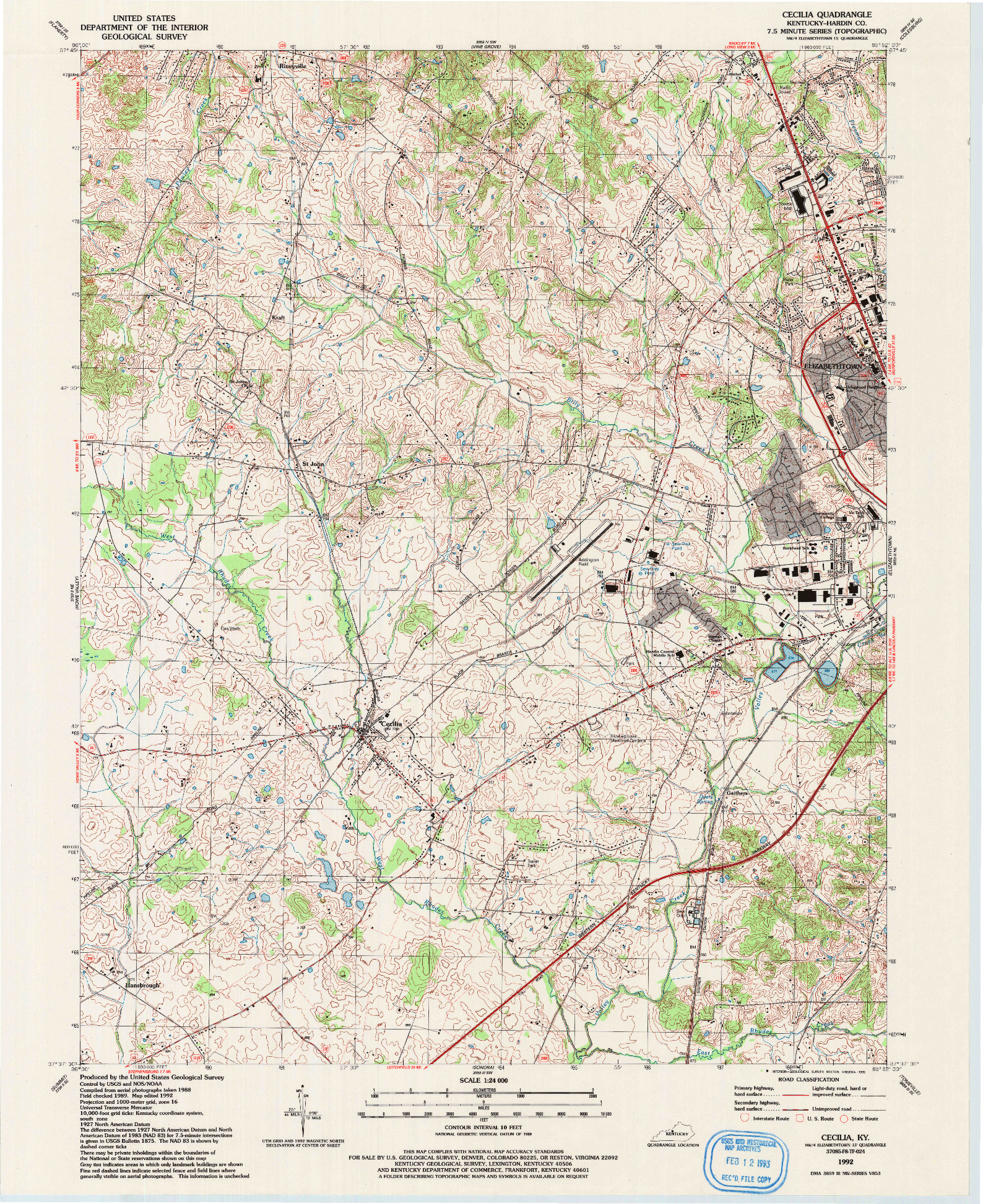 USGS 1:24000-SCALE QUADRANGLE FOR CECILIA, KY 1992