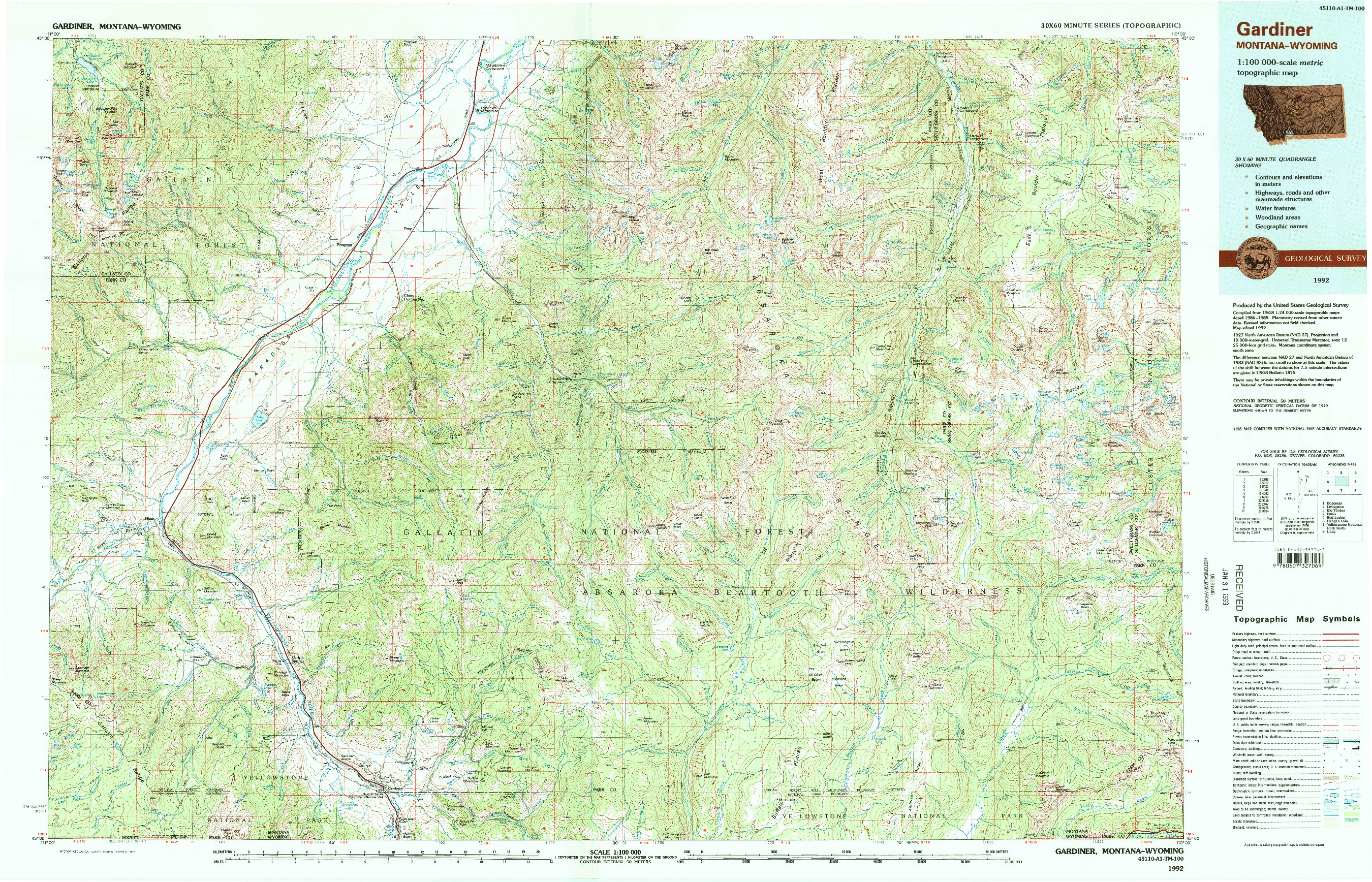 USGS 1:100000-SCALE QUADRANGLE FOR GARDINER, MT 1992