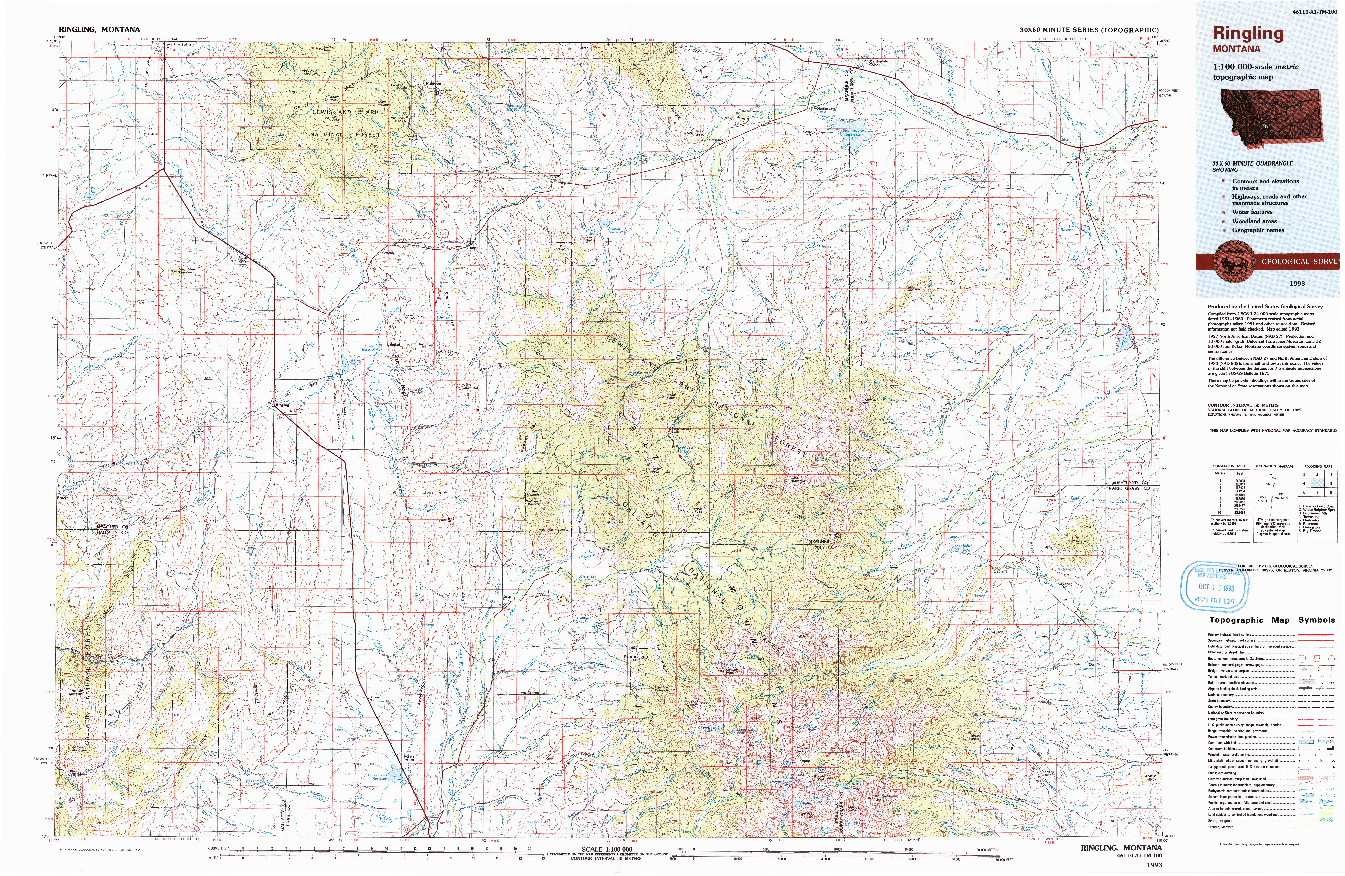 USGS 1:100000-SCALE QUADRANGLE FOR RINGLING, MT 1993