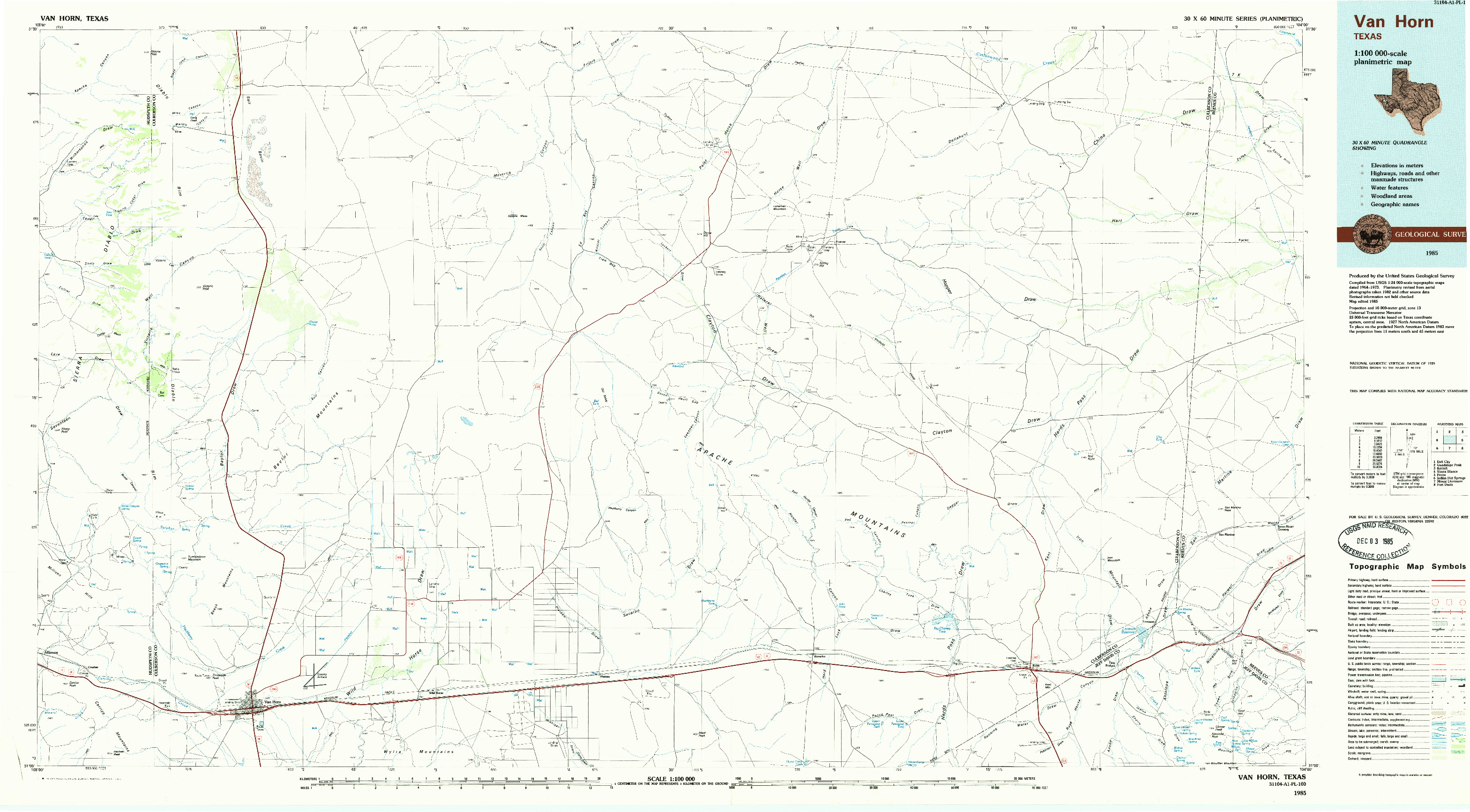 USGS 1:100000-SCALE QUADRANGLE FOR VAN HORN, TX 1985