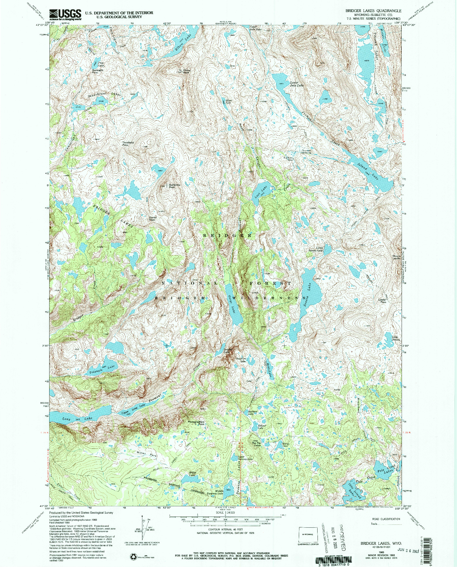 USGS 1:24000-SCALE QUADRANGLE FOR BRIDGER LAKES, WY 1968