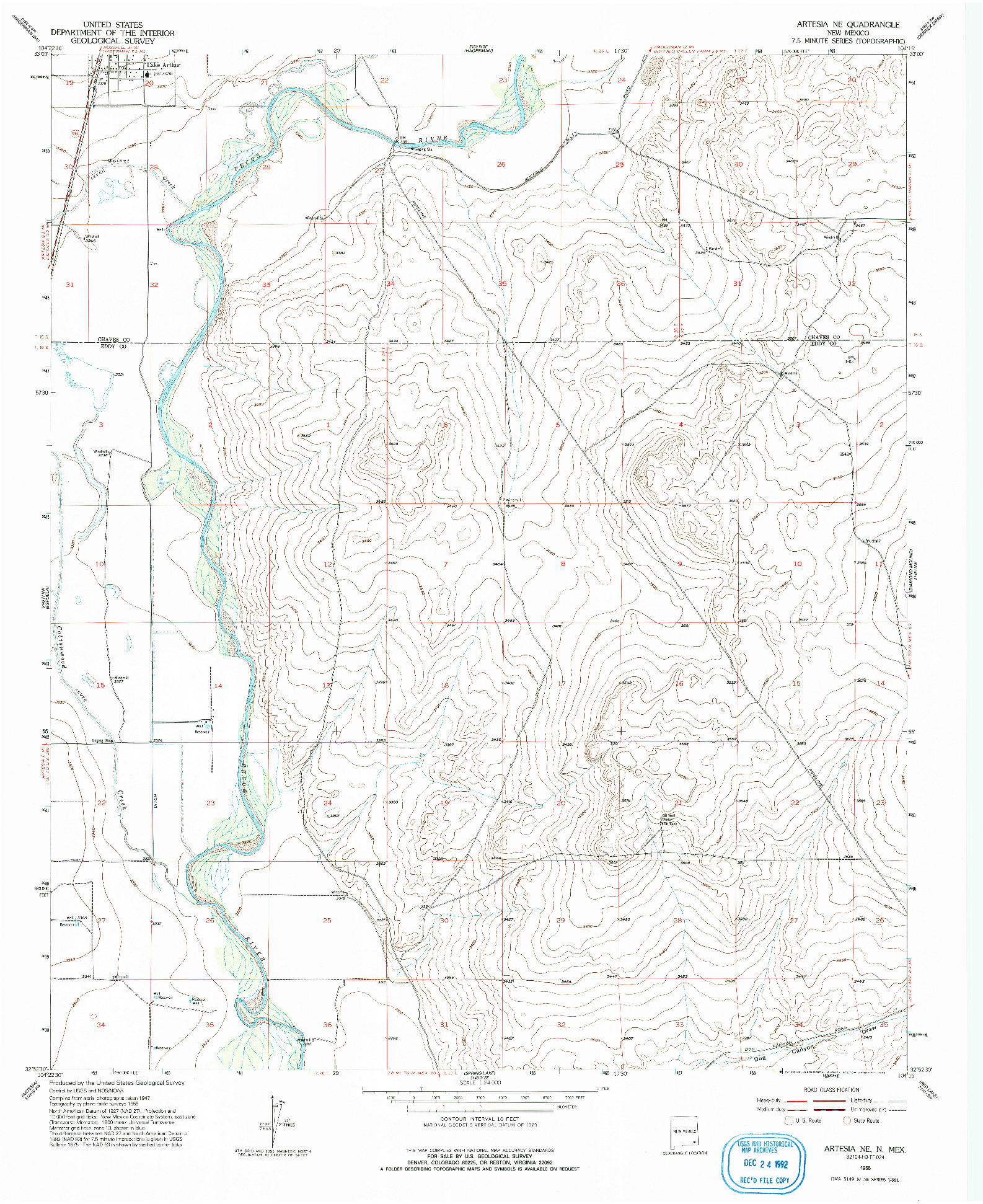 USGS 1:24000-SCALE QUADRANGLE FOR ARTESIA NE, NM 1955