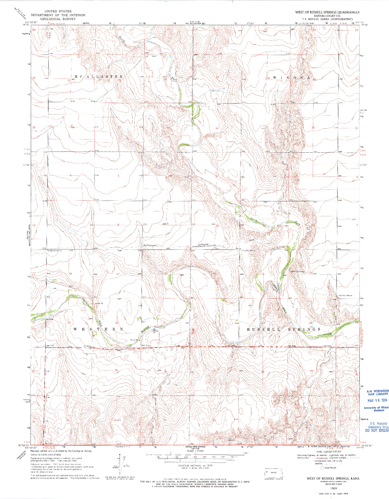USGS 1:24000-SCALE QUADRANGLE FOR WEST OF RUSSELL SPRINGS, KS 1969