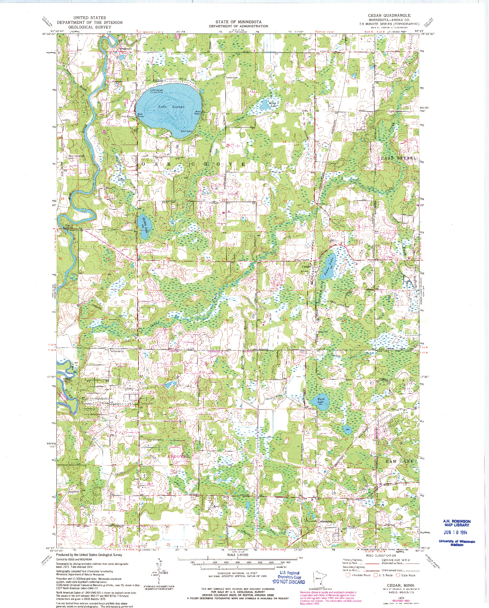 USGS 1:24000-SCALE QUADRANGLE FOR CEDAR, MN 1974