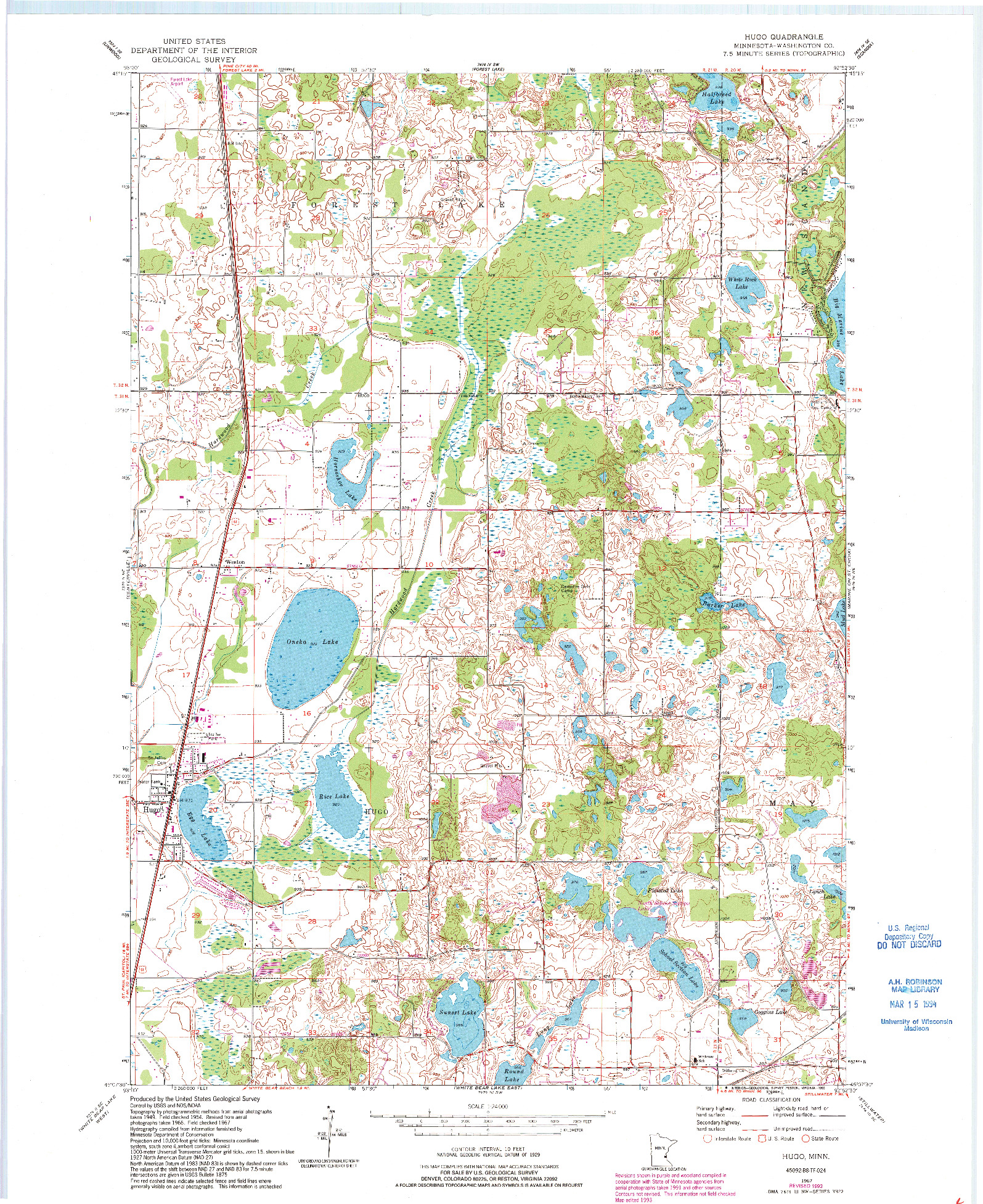 USGS 1:24000-SCALE QUADRANGLE FOR HUGO, MN 1967