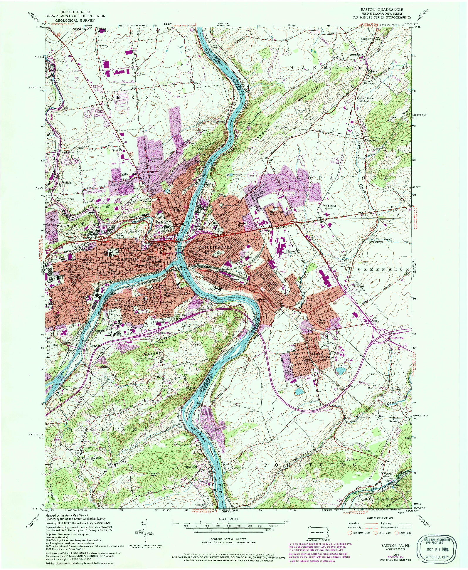 USGS 1:24000-SCALE QUADRANGLE FOR EASTON, PA 1956