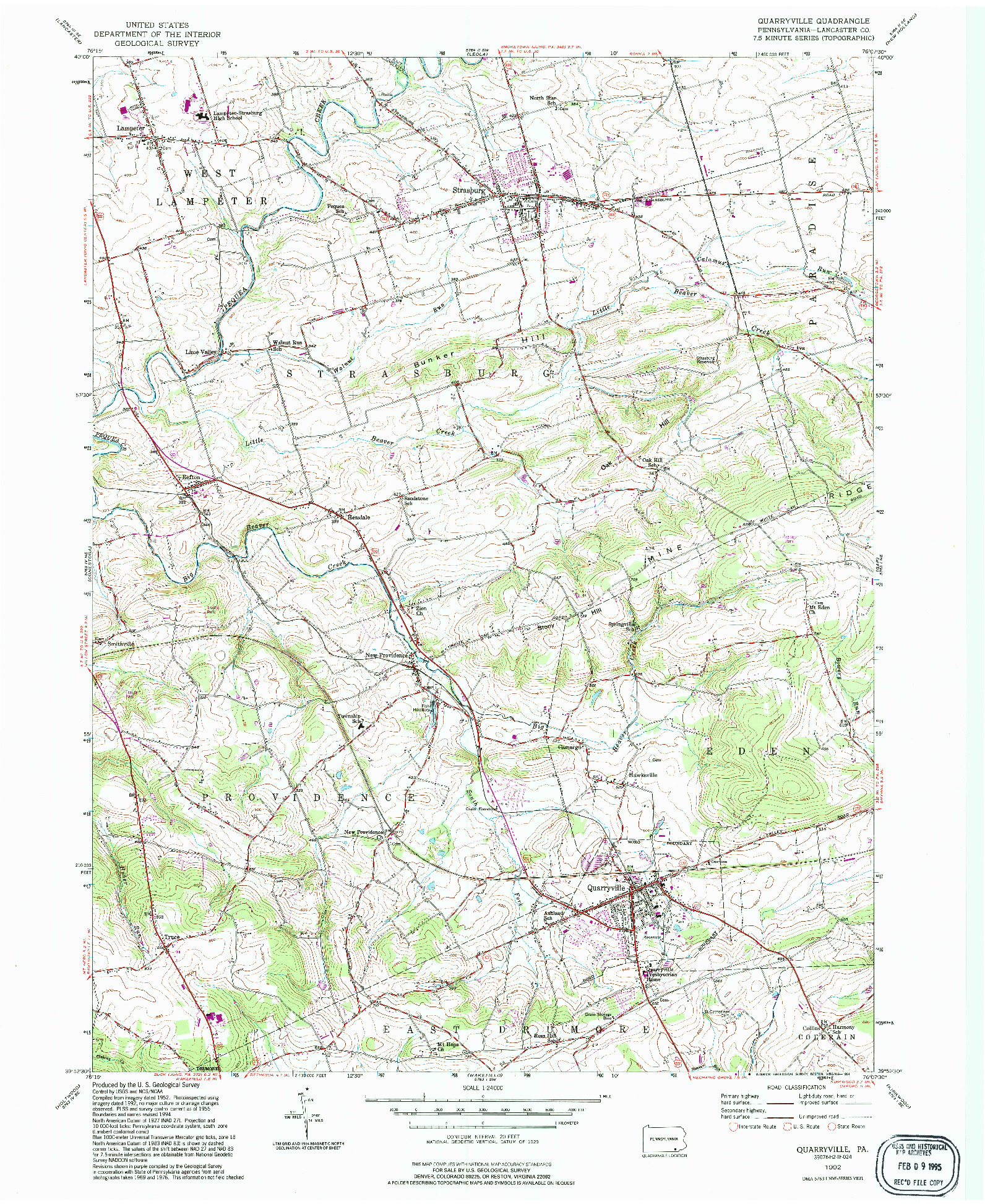 USGS 1:24000-SCALE QUADRANGLE FOR QUARRYVILLE, PA 1992