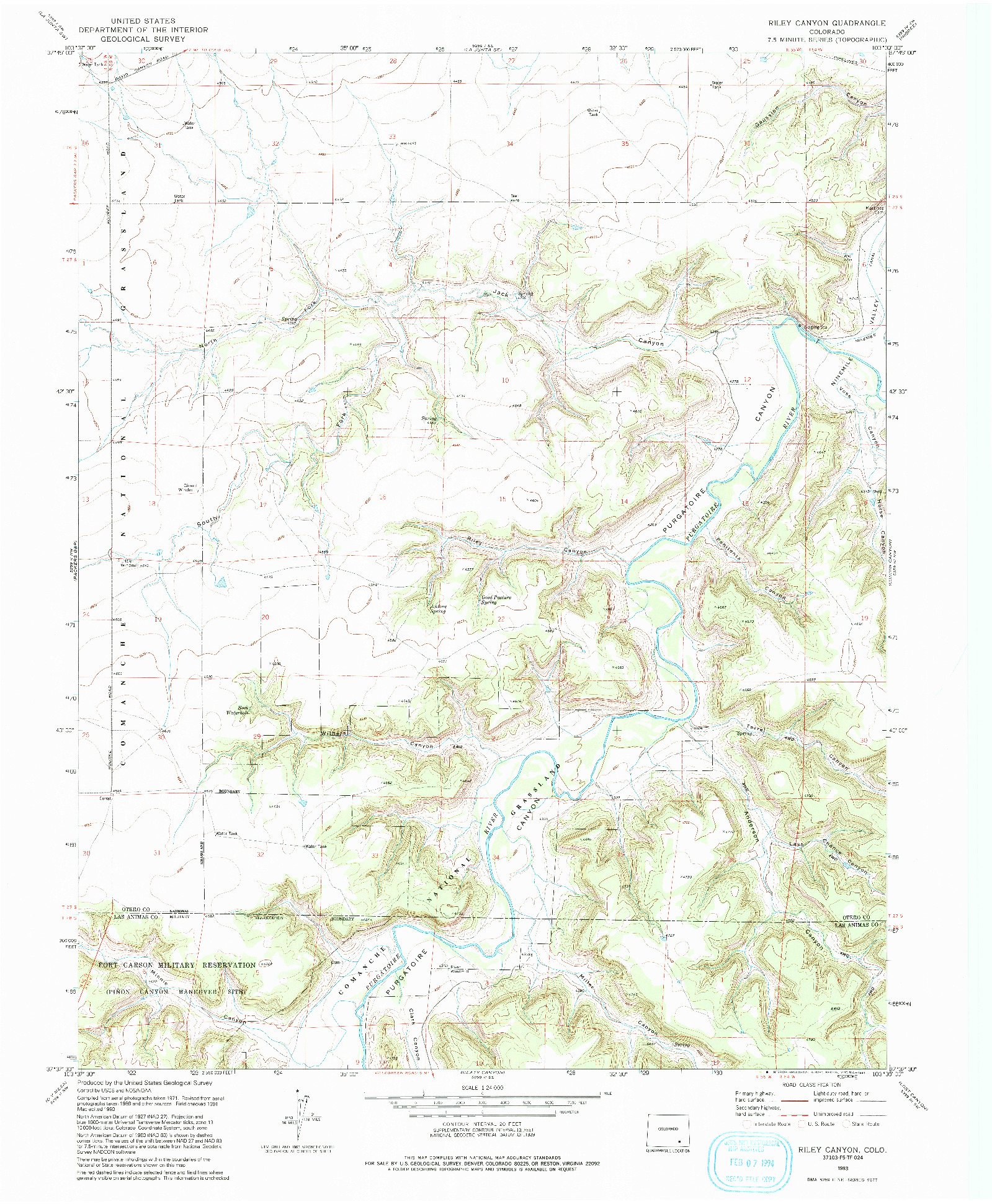 USGS 1:24000-SCALE QUADRANGLE FOR RILEY CANYON, CO 1993