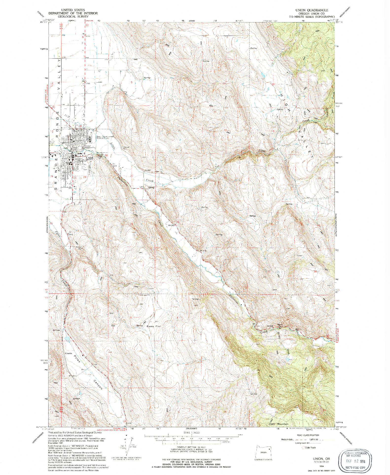 USGS 1:24000-SCALE QUADRANGLE FOR UNION, OR 1994