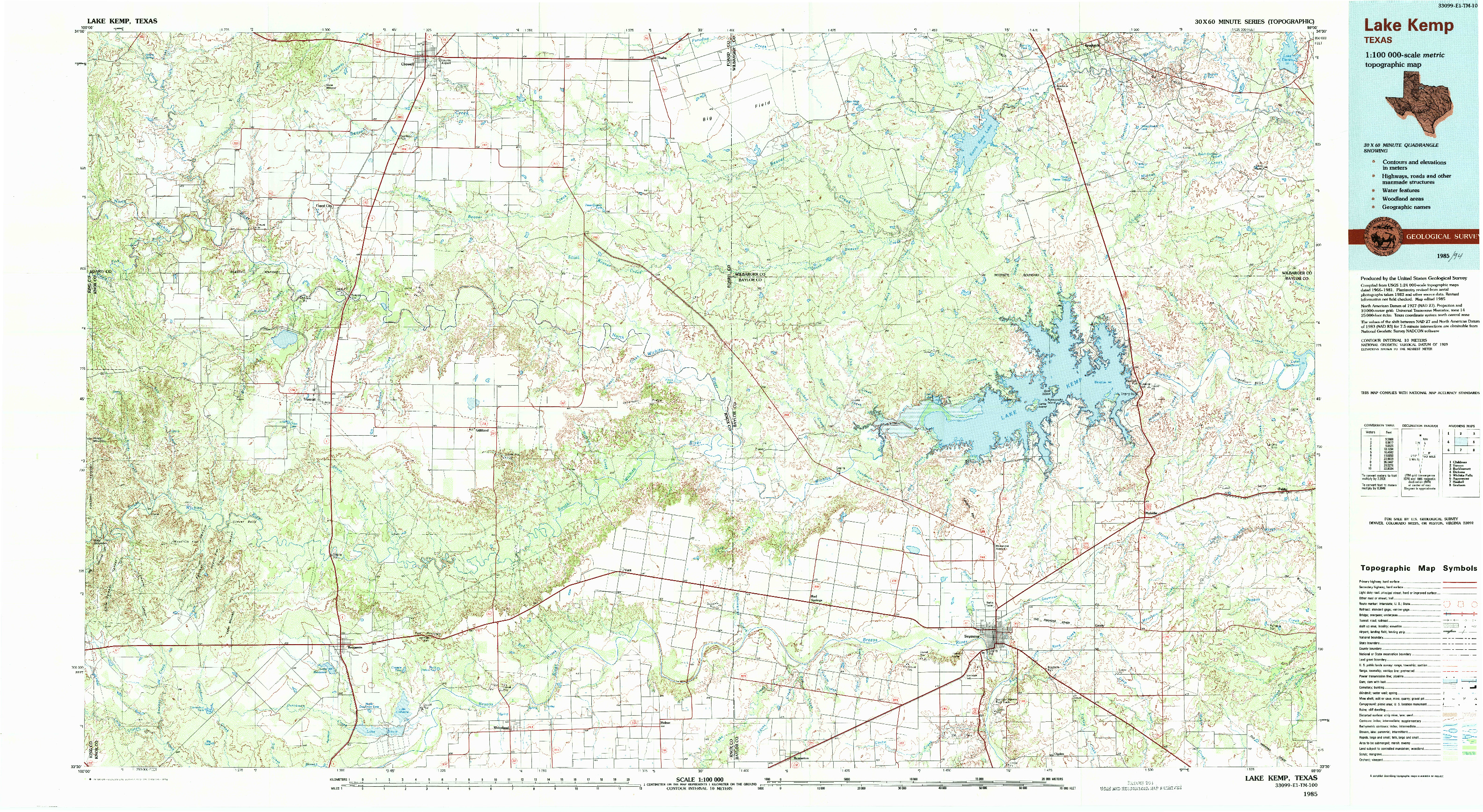 USGS 1:100000-SCALE QUADRANGLE FOR LAKE KEMP, TX 1985