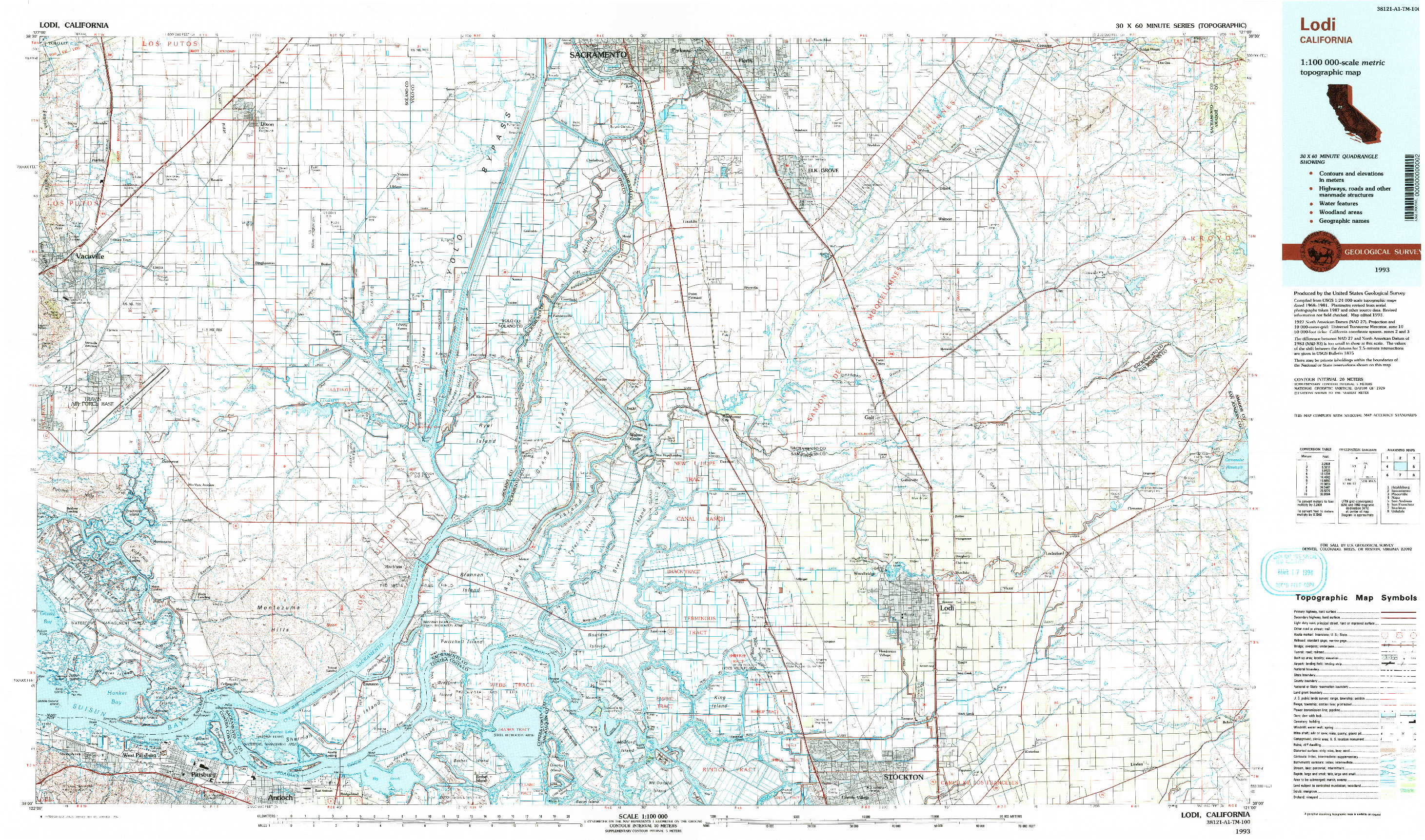 USGS 1:100000-SCALE QUADRANGLE FOR LODI, CA 1993