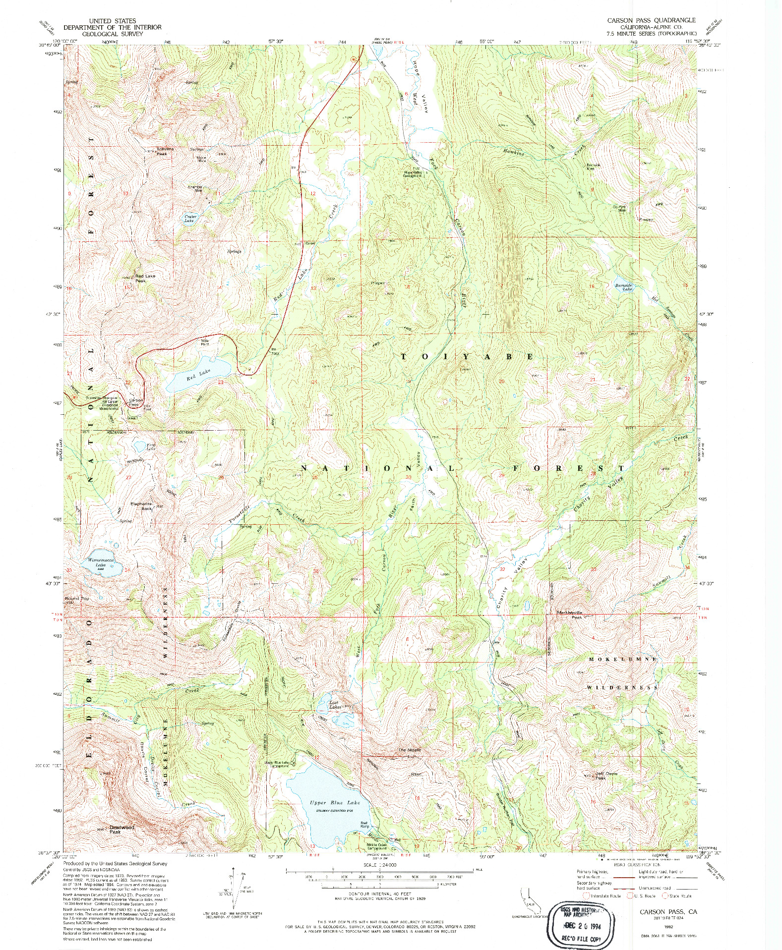 USGS 1:24000-SCALE QUADRANGLE FOR CARSON PASS, CA 1992