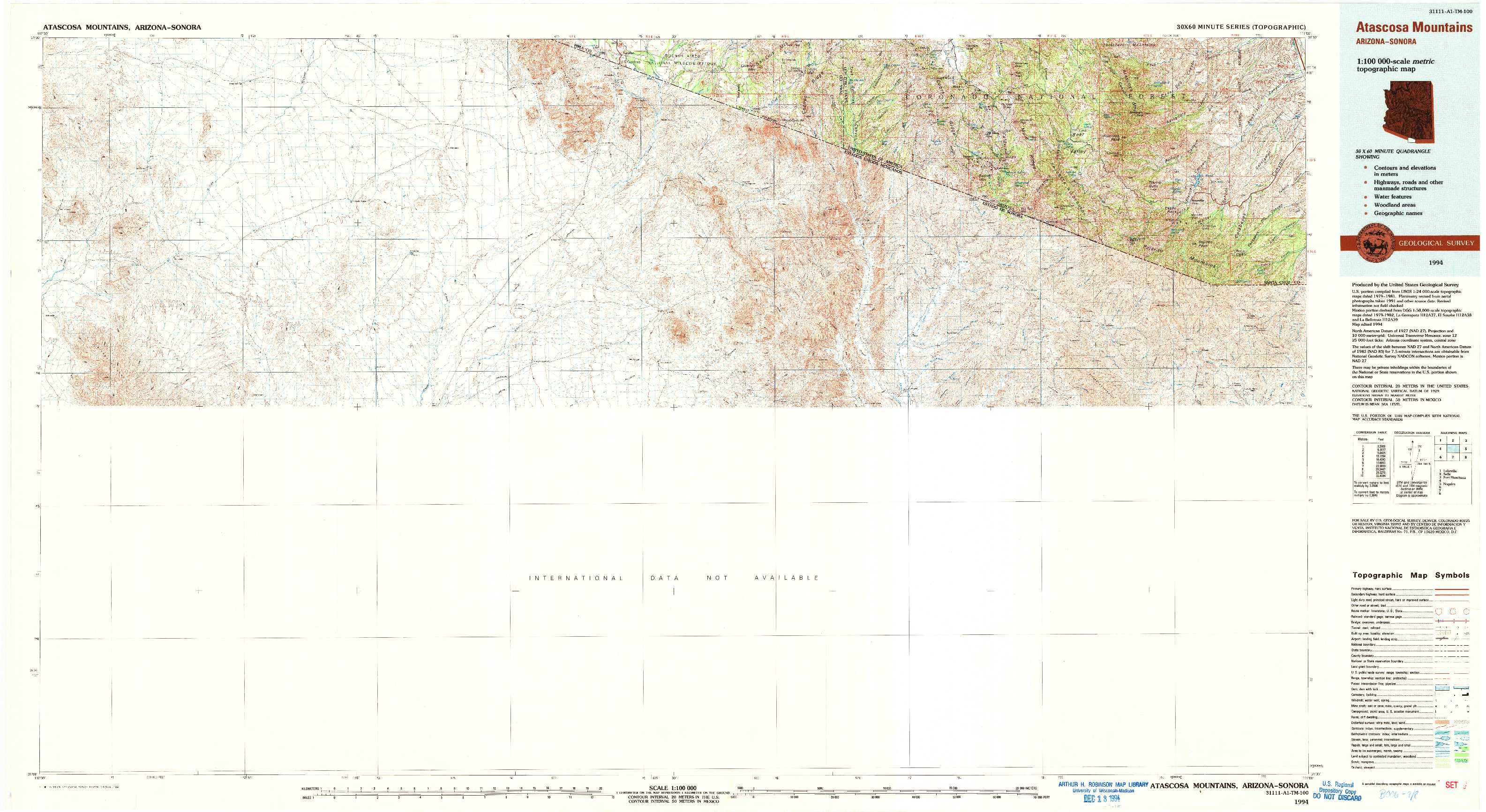 USGS 1:100000-SCALE QUADRANGLE FOR ATASCOSA MOUNTAINS, AZ 1994