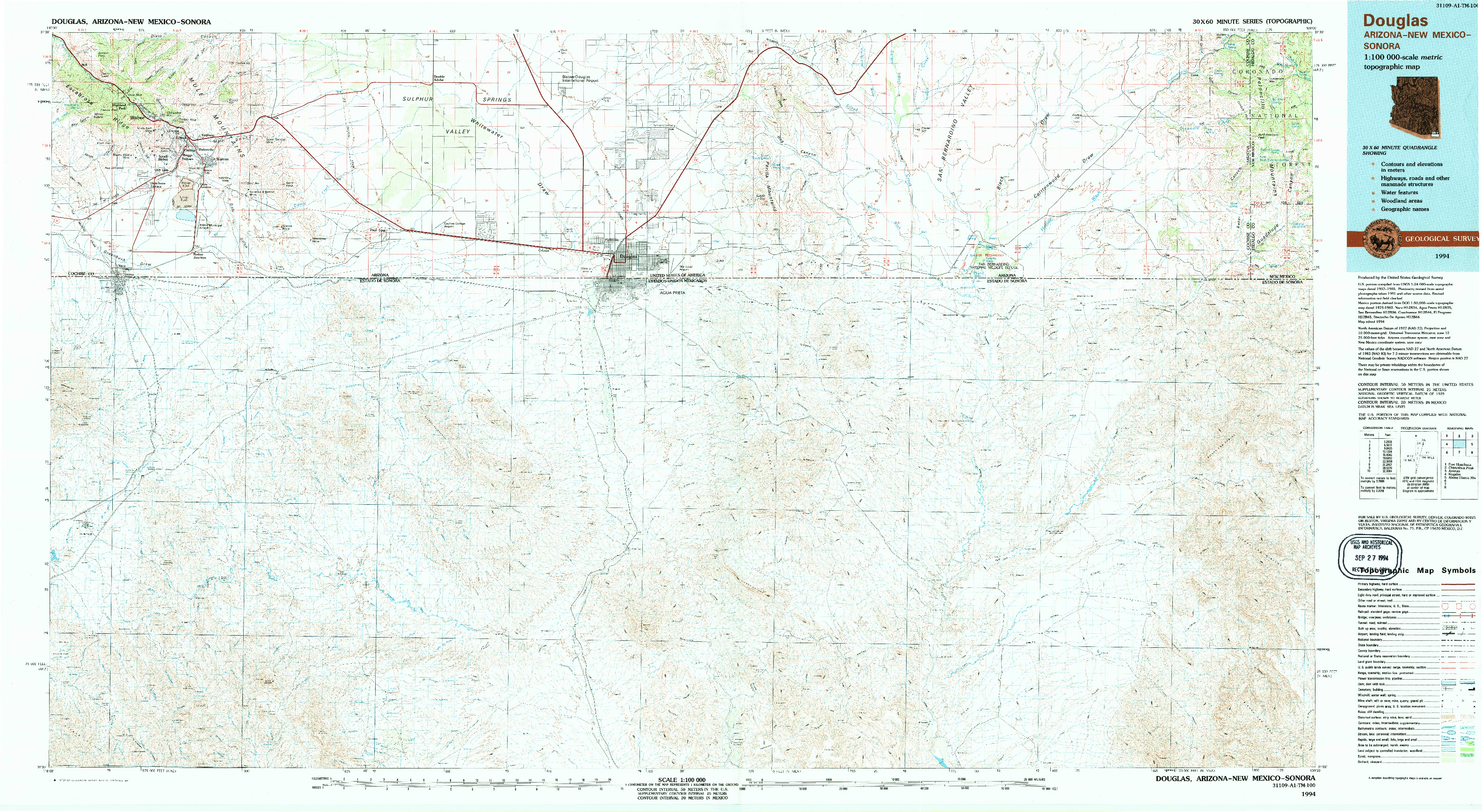 USGS 1:100000-SCALE QUADRANGLE FOR DOUGLAS, AZ 1994