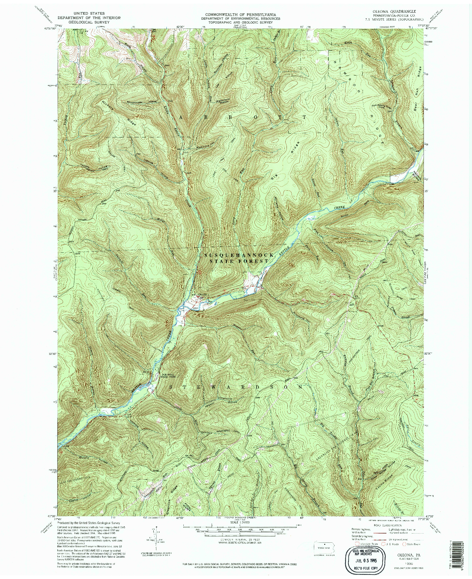 USGS 1:24000-SCALE QUADRANGLE FOR OLEONA, PA 1995