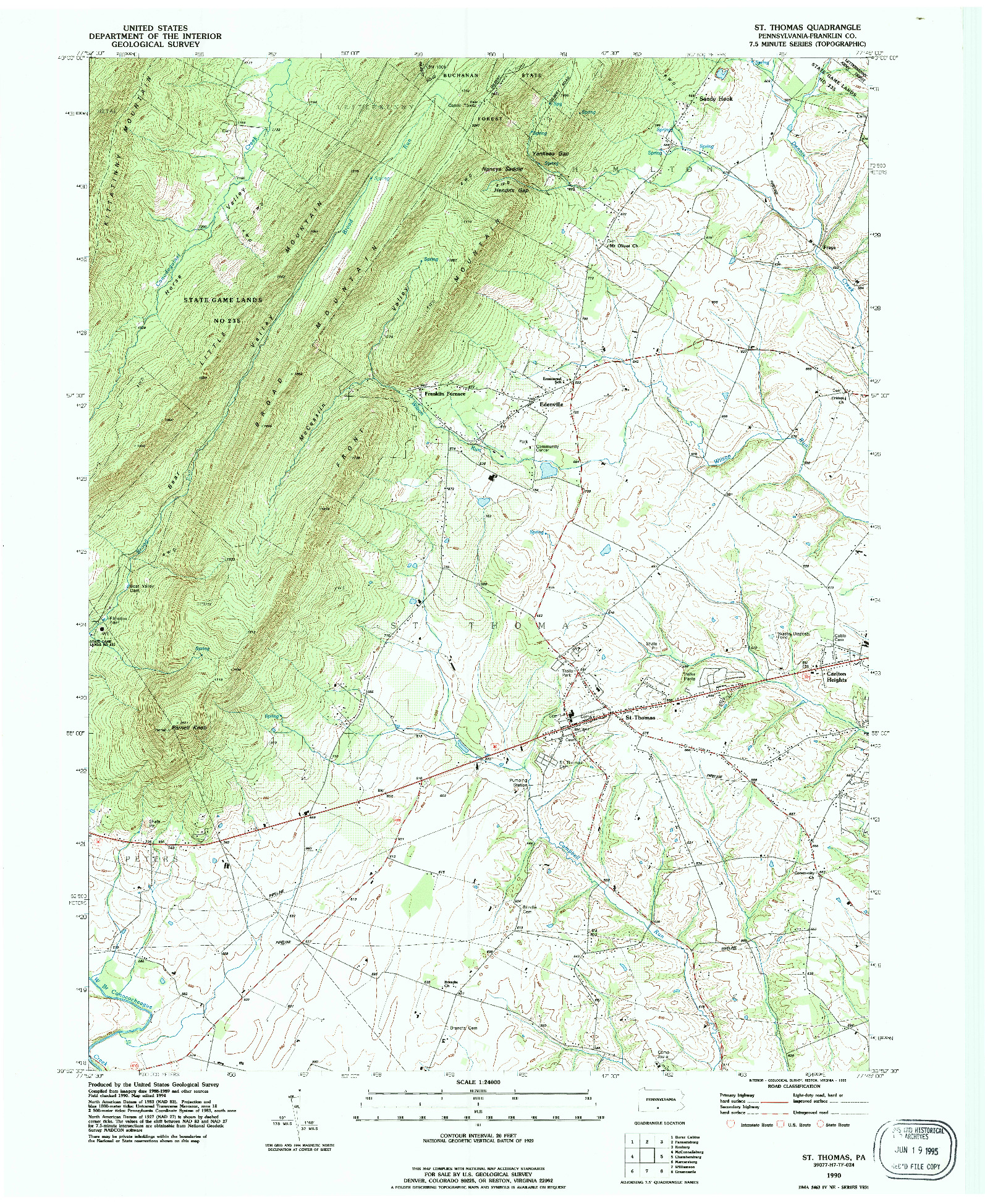 USGS 1:24000-SCALE QUADRANGLE FOR ST THOMAS, PA 1990