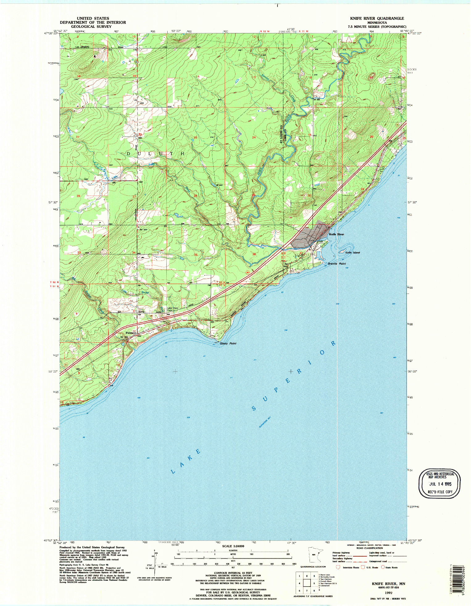 USGS 1:24000-SCALE QUADRANGLE FOR KNIFE RIVER, MN 1992