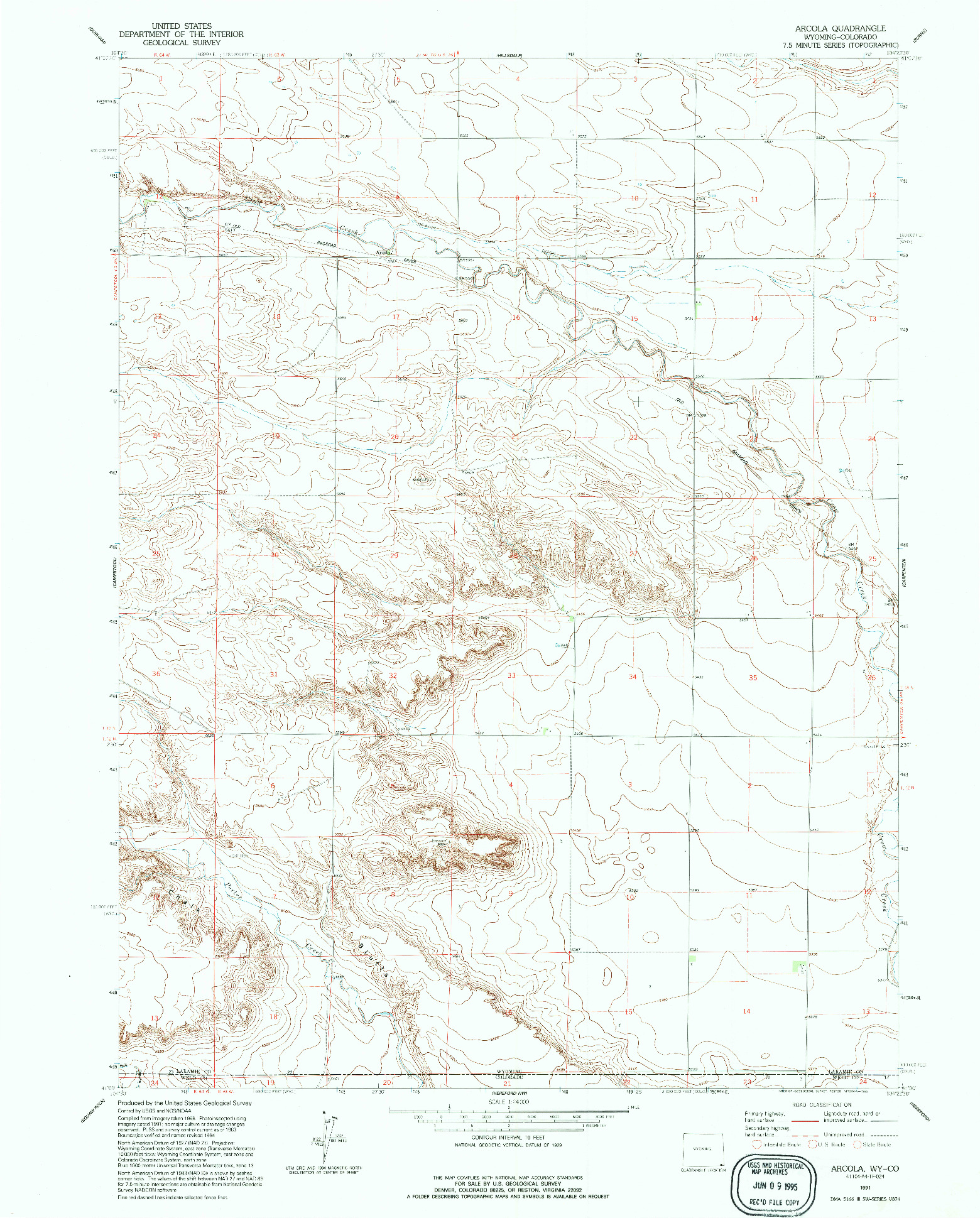 USGS 1:24000-SCALE QUADRANGLE FOR ARCOLA, WY 1991