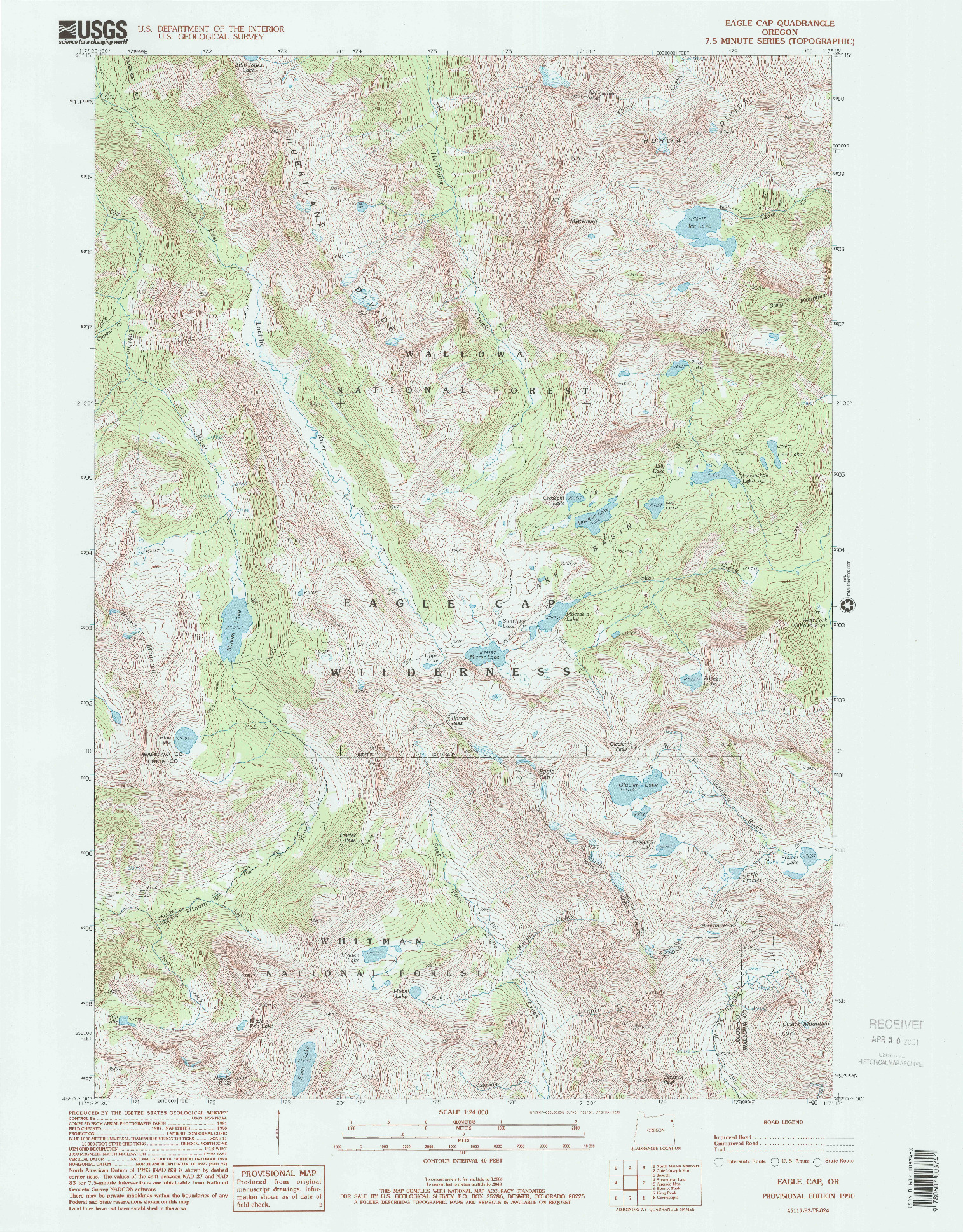 USGS 1:24000-SCALE QUADRANGLE FOR EAGLE CAP, OR 1990