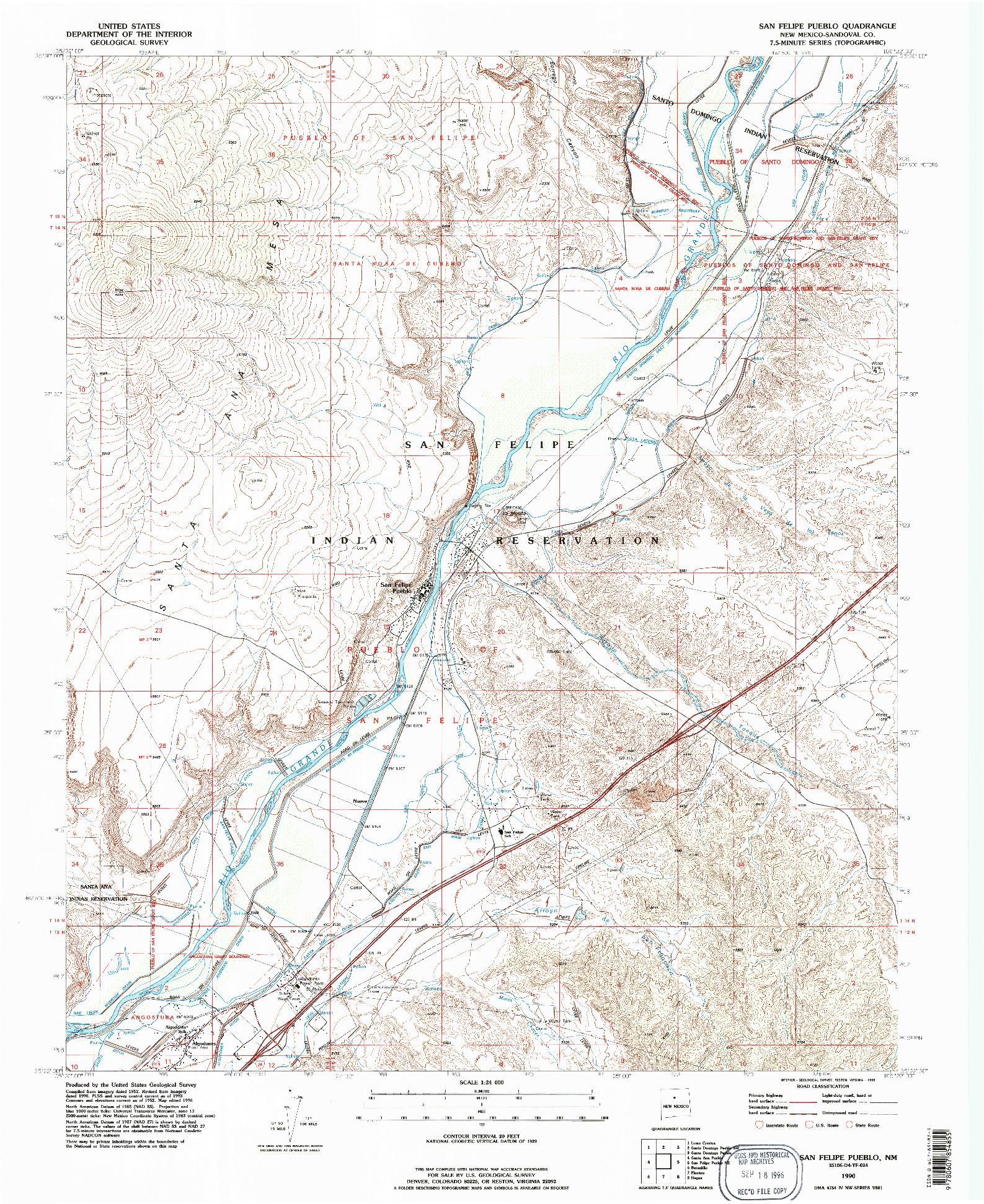 USGS 1:24000-SCALE QUADRANGLE FOR SAN FELIPE PUEBLO, NM 1990