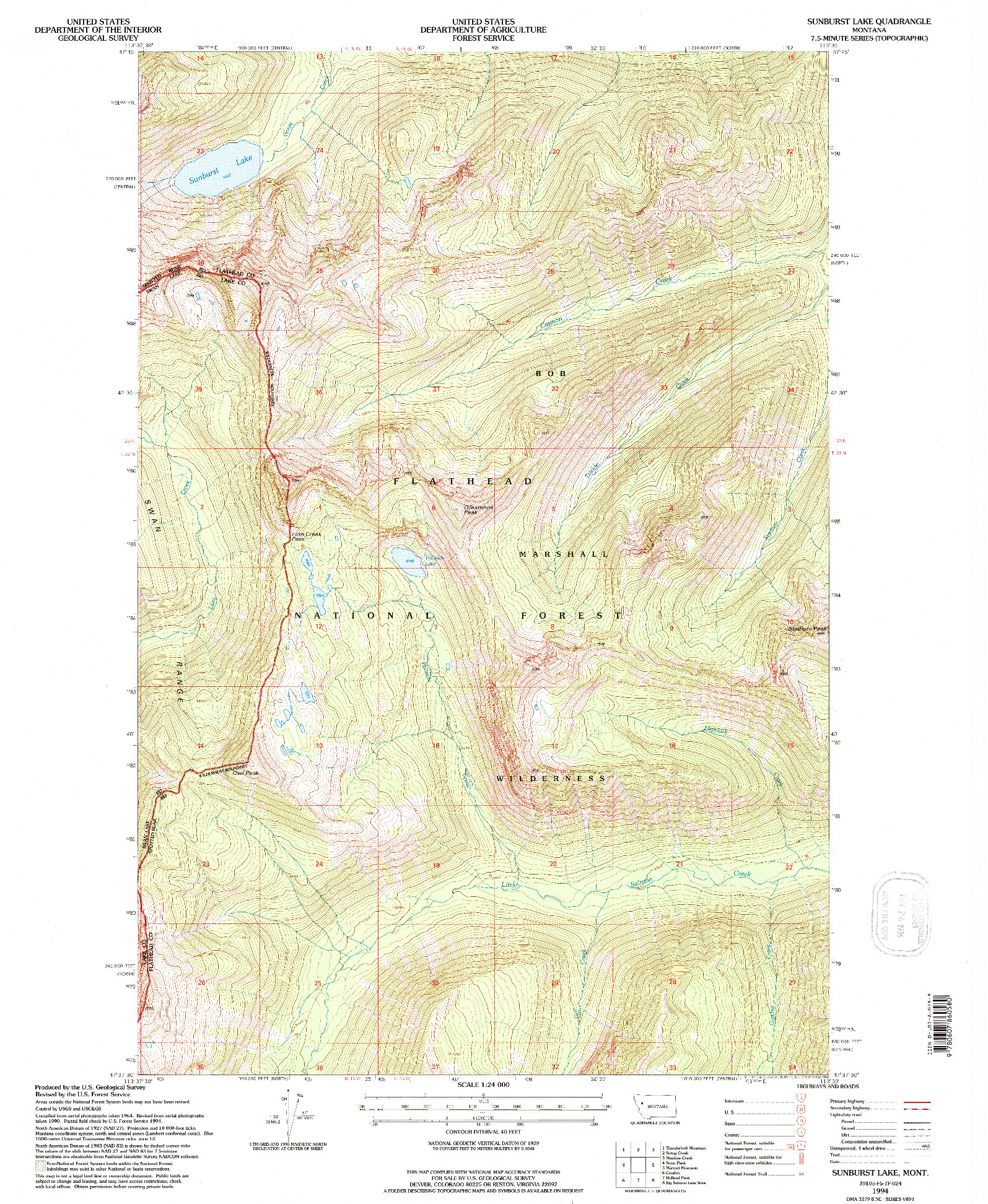 USGS 1:24000-SCALE QUADRANGLE FOR SUNBURST LAKE, MT 1994