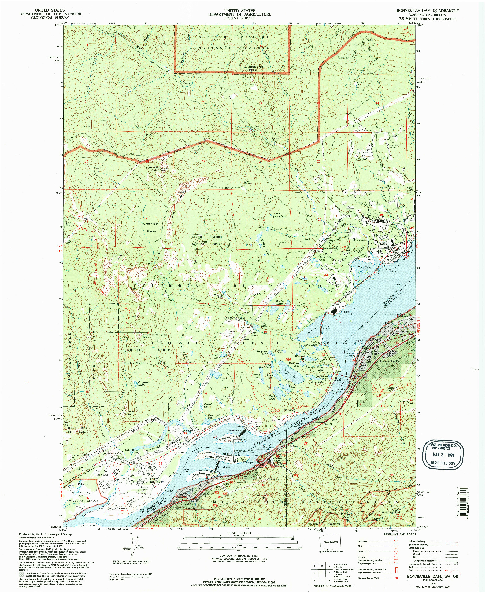 USGS 1:24000-SCALE QUADRANGLE FOR BONNEVILLE DAM, WA 1994
