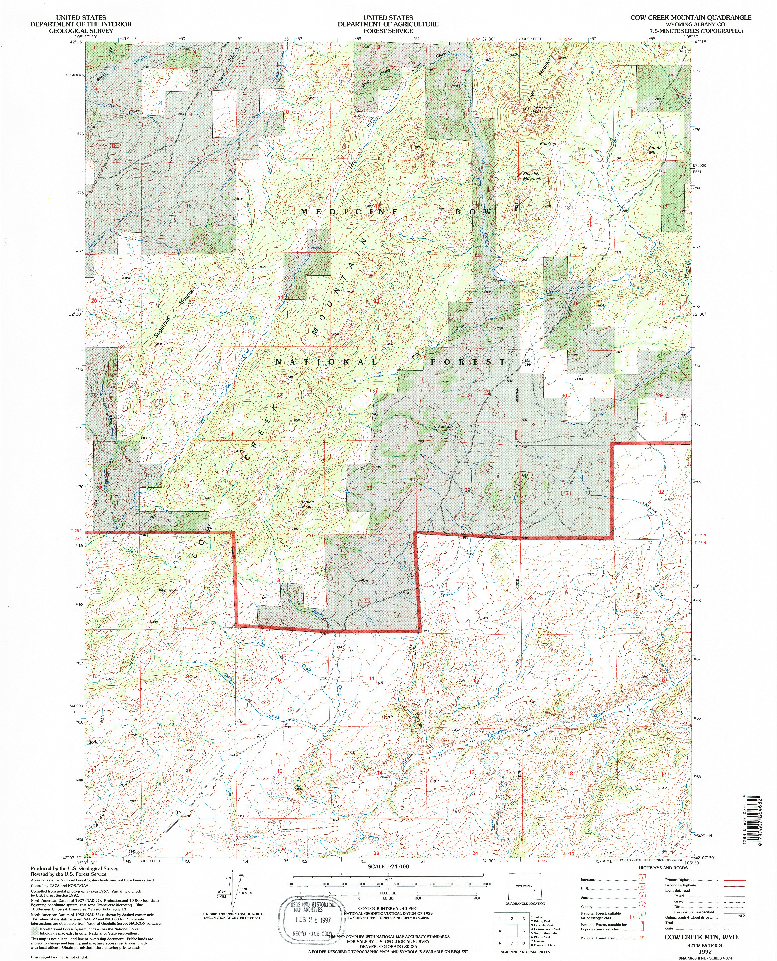 USGS 1:24000-SCALE QUADRANGLE FOR COW CREEK MTN, WY 1992