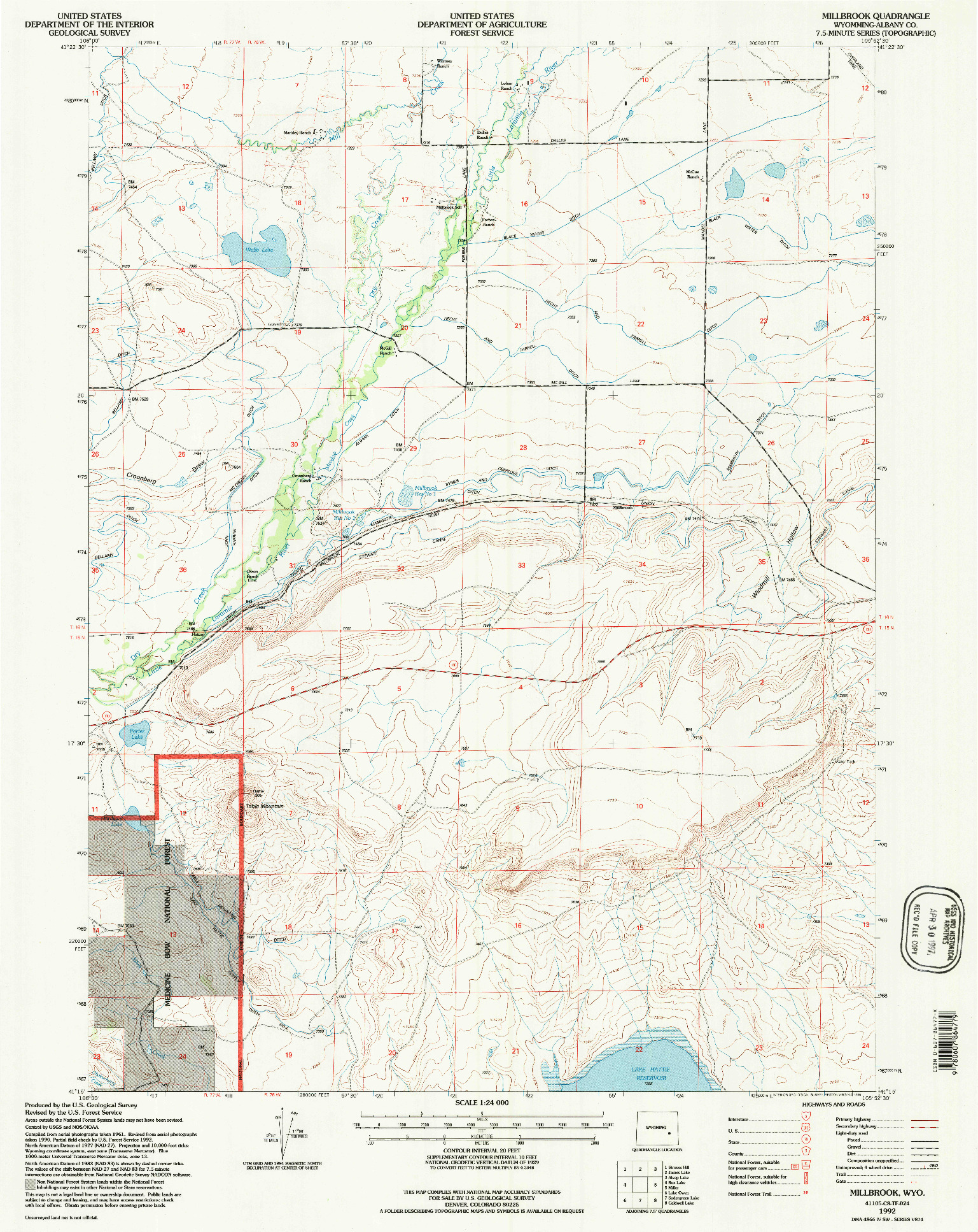 USGS 1:24000-SCALE QUADRANGLE FOR MILLBROOK, WY 1992