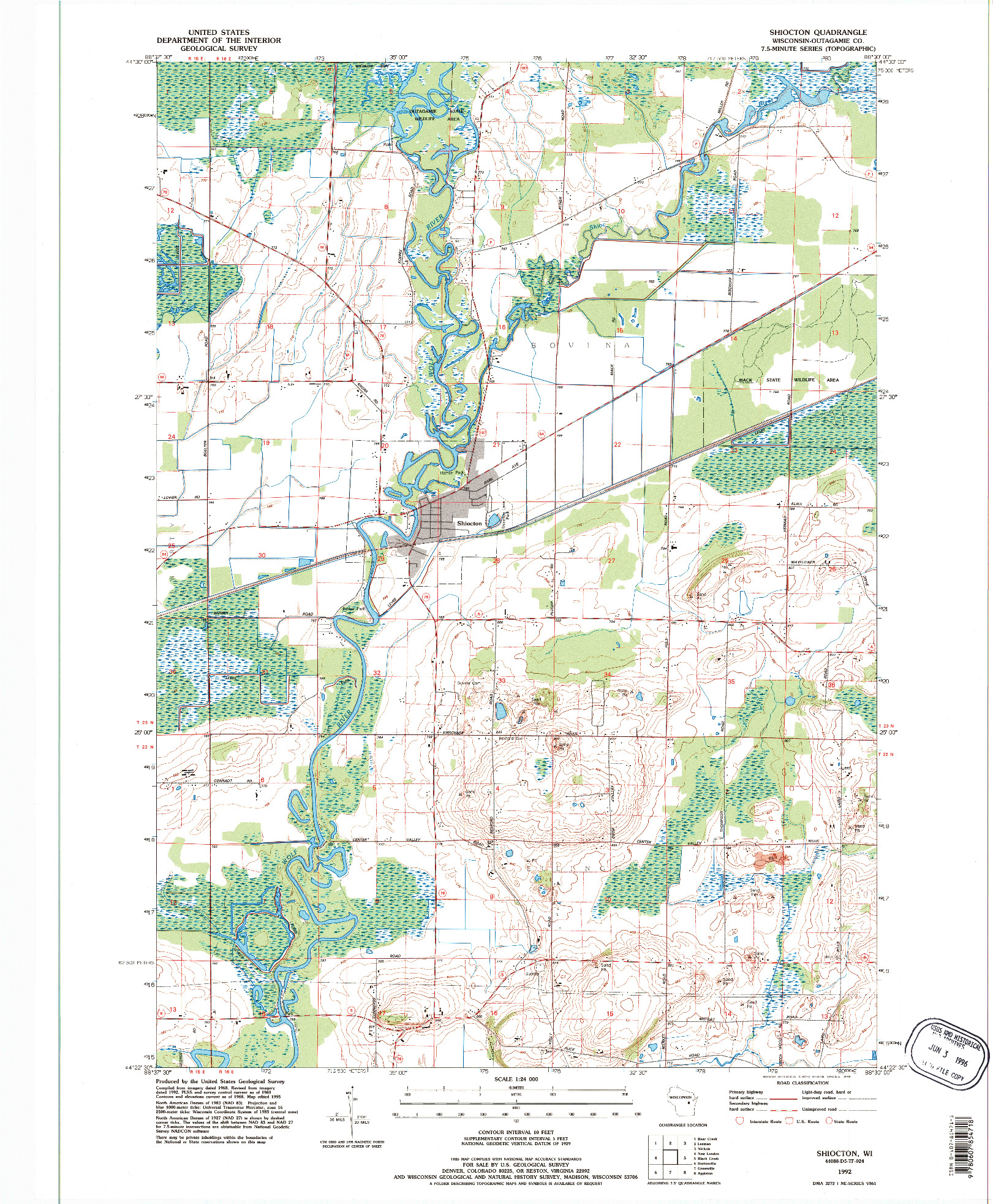 USGS 1:24000-SCALE QUADRANGLE FOR SHIOCTON, WI 1992