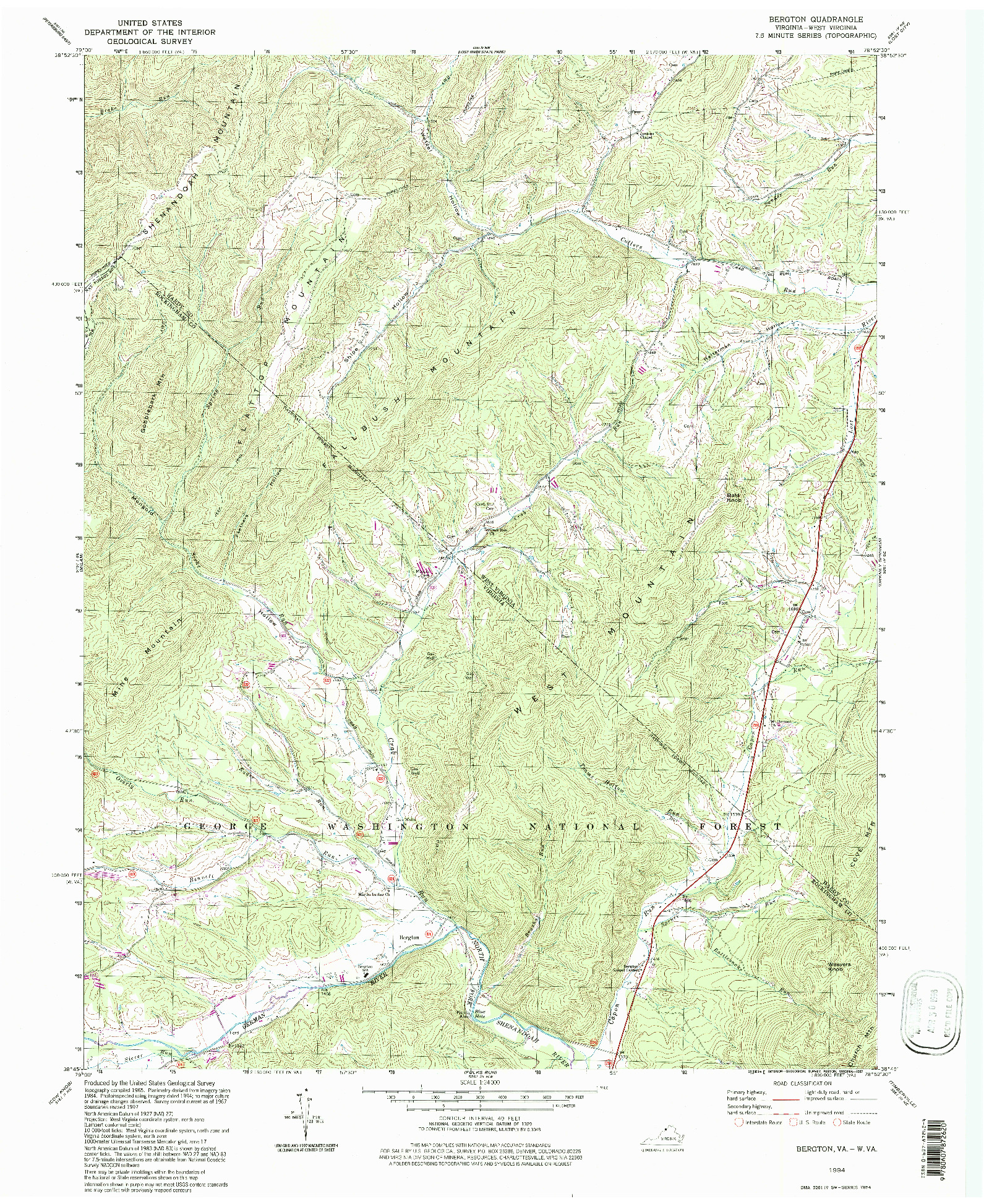 USGS 1:24000-SCALE QUADRANGLE FOR BERGTON, VA 1994