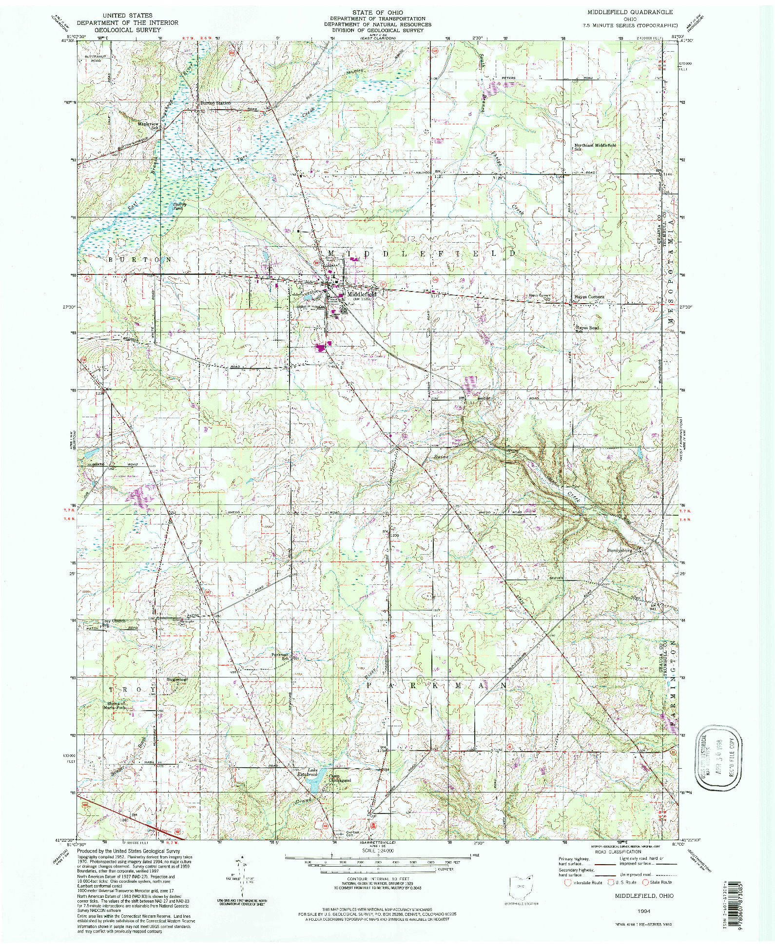USGS 1:24000-SCALE QUADRANGLE FOR MIDDLEFIELD, OH 1994