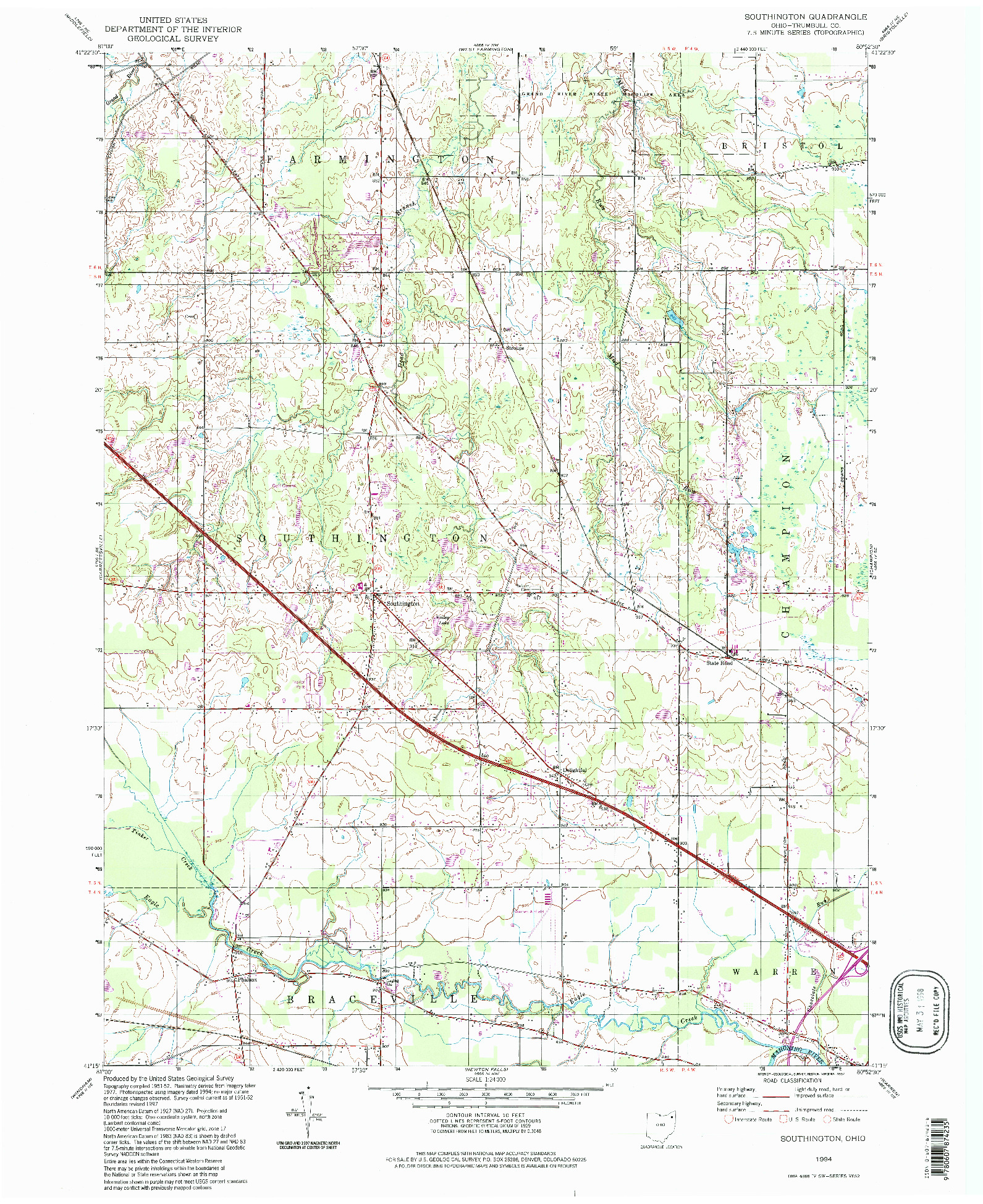 USGS 1:24000-SCALE QUADRANGLE FOR SOUTHINGTON, OH 1994